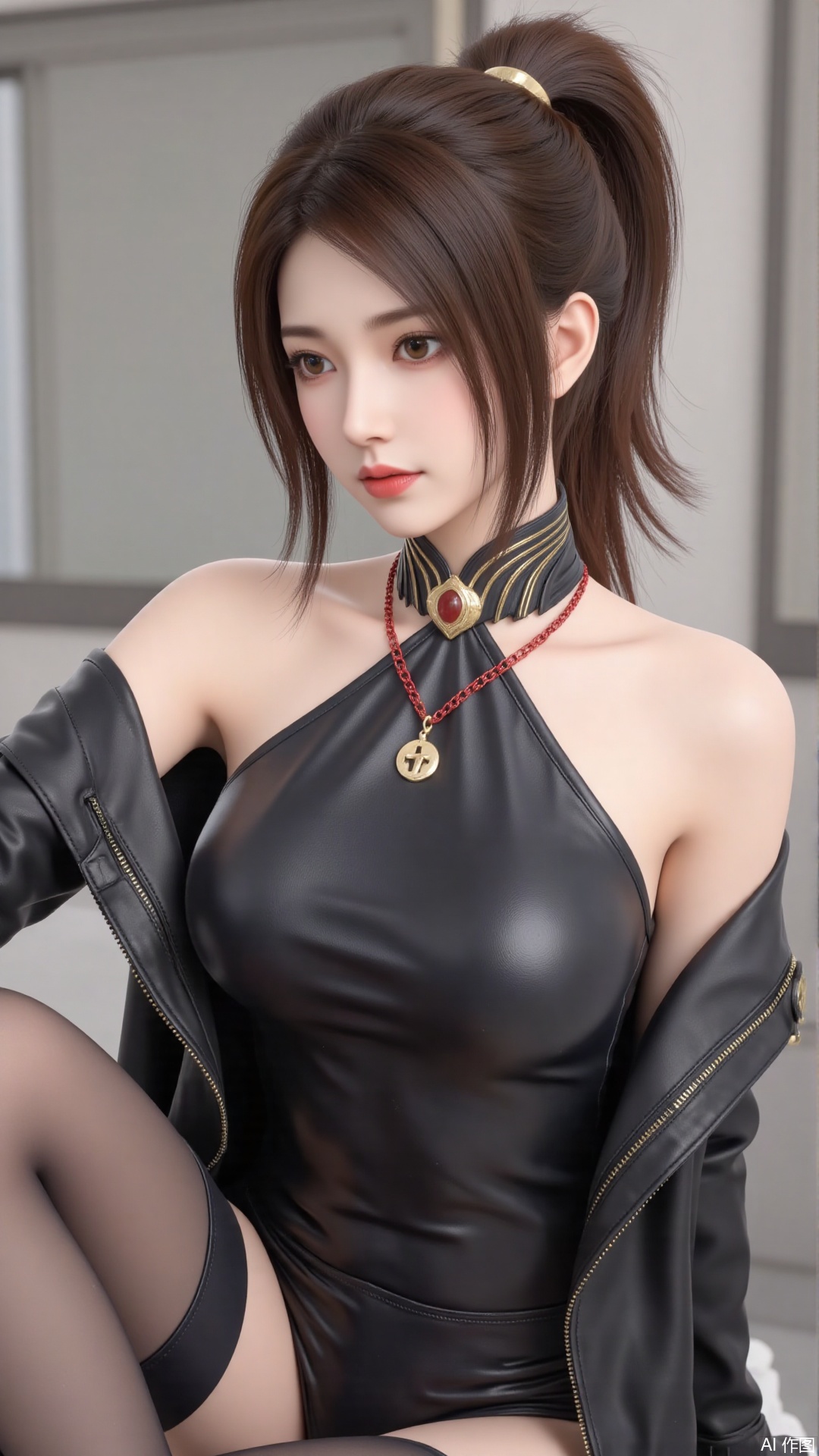 masterpiece,best quality,1girl, solo, brown hair, jewelry, jacket, breasts, brown eyes, lips, leotard, multicolored hair, bare shoulders, sitting