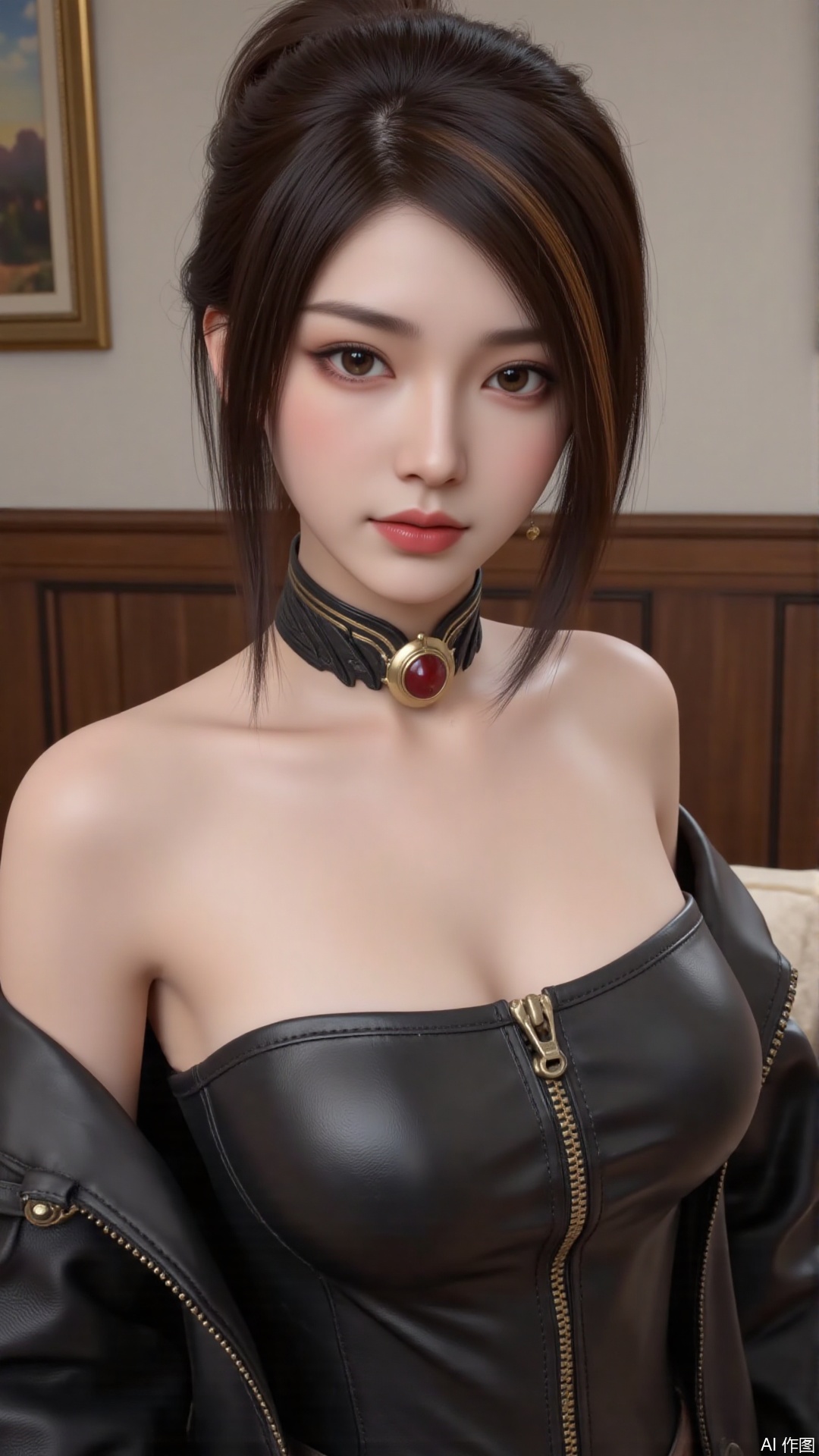 masterpiece,best quality,1girl, solo, brown hair, jewelry, jacket, breasts, brown eyes, lips, leotard, multicolored hair, bare shoulders, cowboy shot