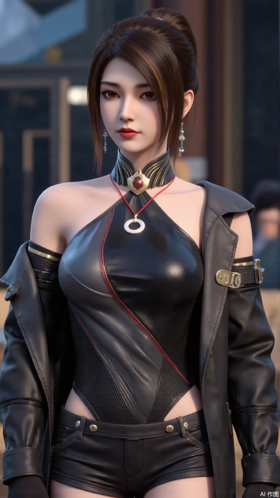 masterpiece,best quality,1girl, solo, brown hair, jewelry, jacket, breasts, brown eyes, lips, leotard, multicolored hair, bare shoulders, sitting