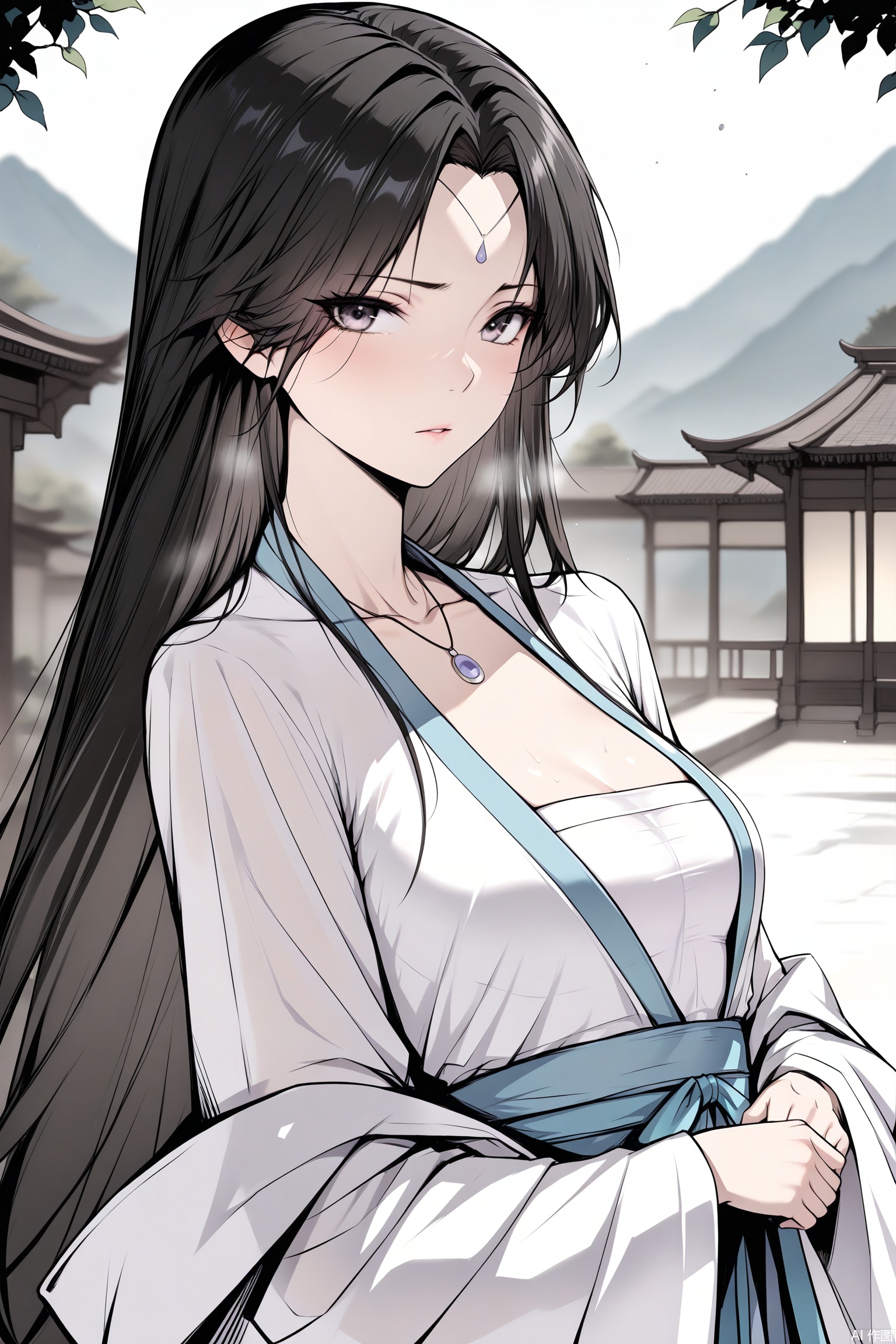 masterpiece, best quality, amazing quality, very aesthetic, absurdres, newest,
1girl, solo, long hair, breasts, looking at viewer, small breasts, black hair, long sleeves, jewelry, collarbone, upper body, necklace, blurry, forehead mark,hanfu