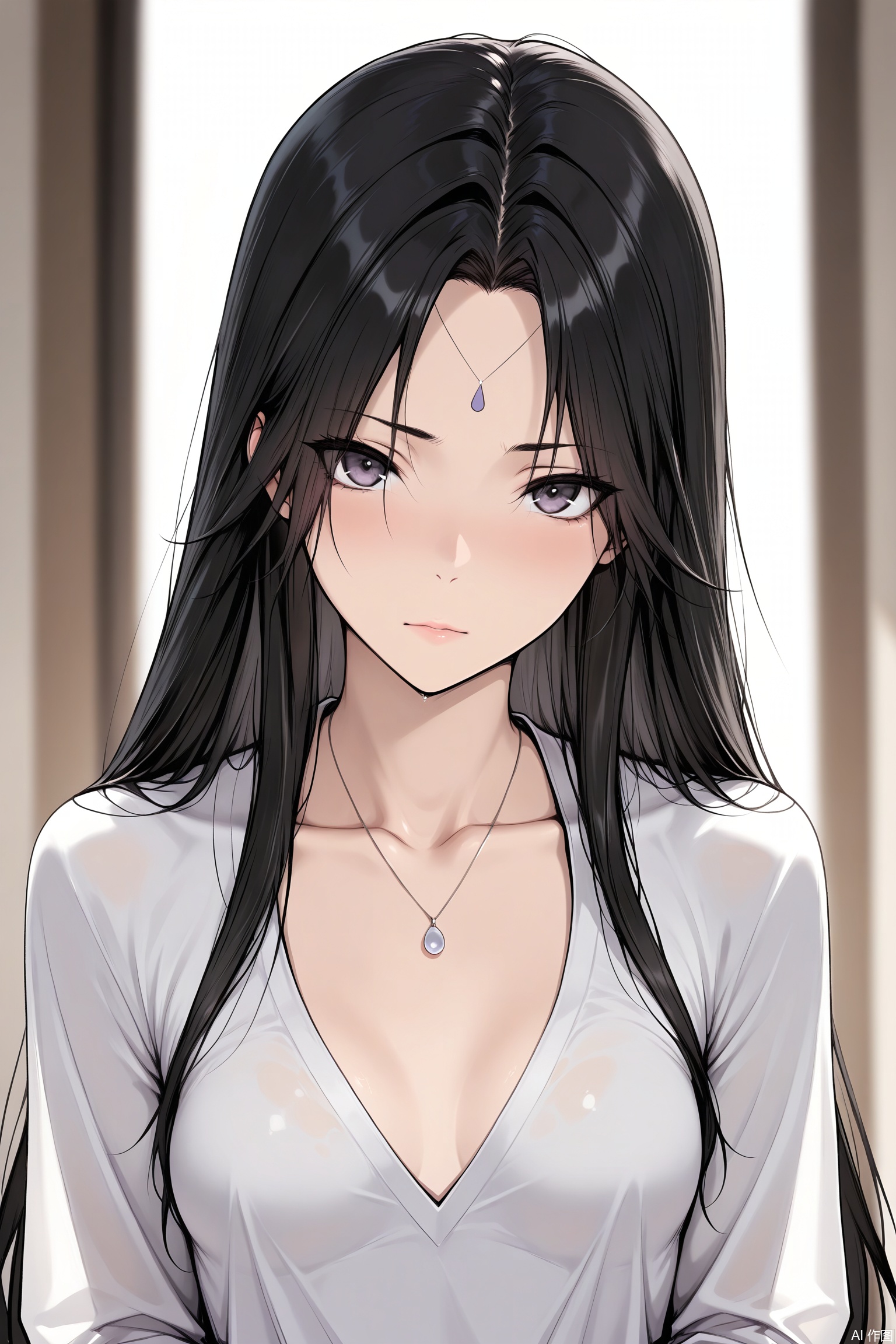 masterpiece, best quality, amazing quality, very aesthetic, absurdres, newest,
1girl, solo, long hair, breasts, looking at viewer, small breasts, black hair, long sleeves, jewelry, collarbone, upper body, necklace, blurry, forehead mark