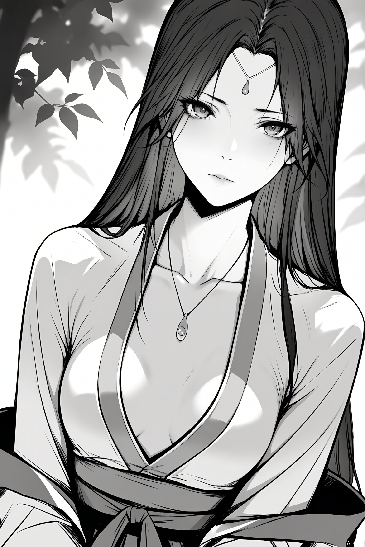 masterpiece, best quality, amazing quality, very aesthetic, absurdres, newest,sketch, charcoal,greyscale,
1girl, solo, long hair, breasts, looking at viewer, small breasts, black hair, long sleeves, jewelry, collarbone, upper body, necklace, blurry, forehead mark,hanfu