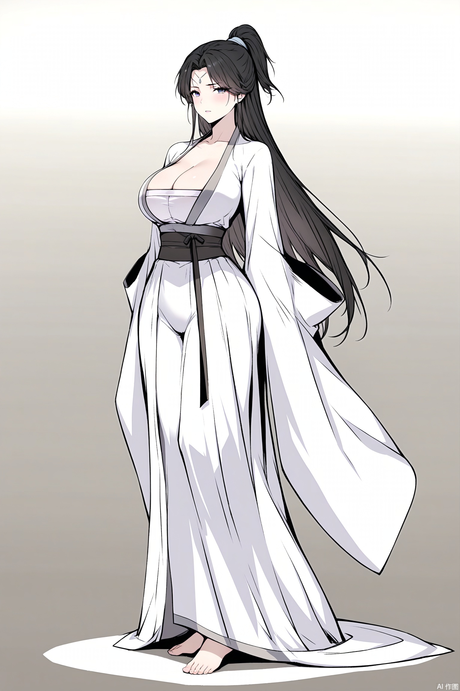 masterpiece, best quality, amazing quality, very aesthetic, absurdres, newest,
1girl, solo, long hair,middle breasts, black hair, long sleeves, standing, full body, ponytail, barefoot, wide sleeves, sleeves past wrists, sash, robe, hanfu