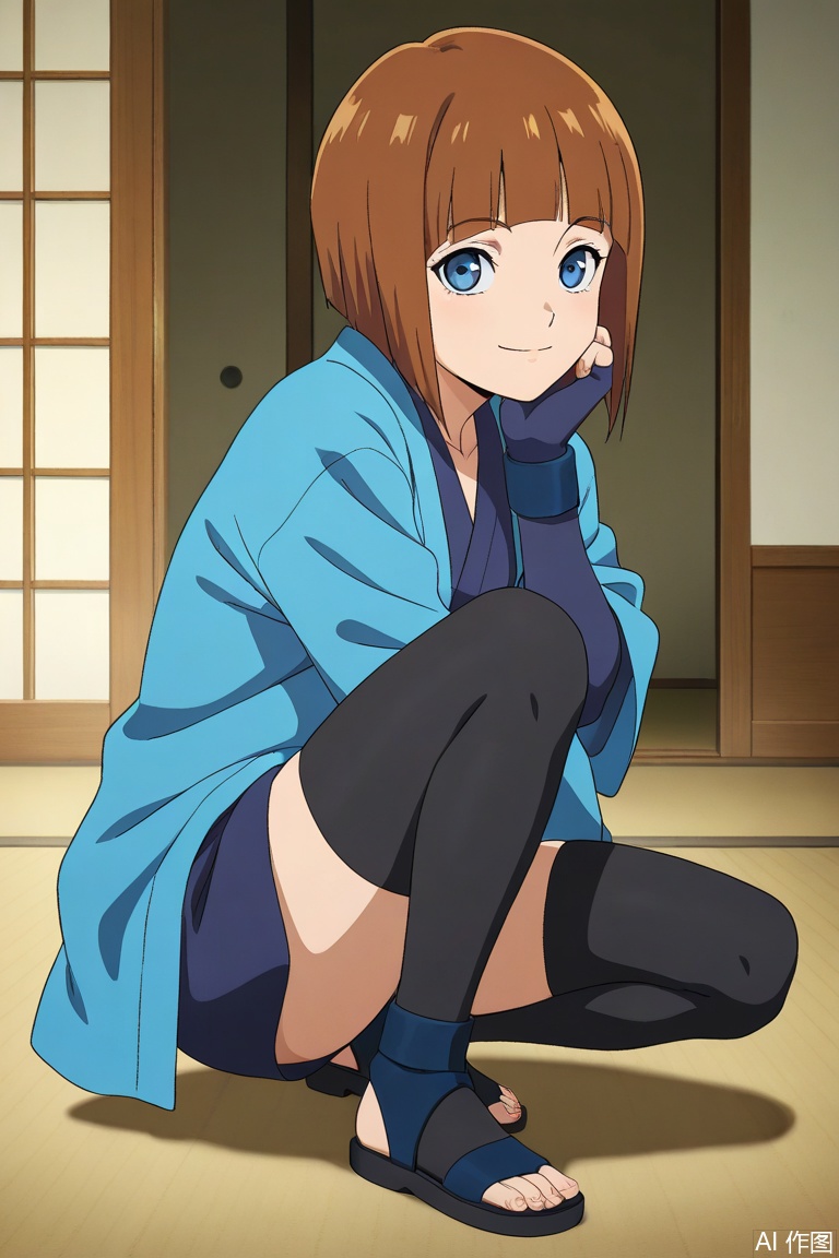 1girl, solo, short hair, looking at viewer, anime style,anime painting,smile, bangs, shirt, brown hair, long sleeves,haori,shirt, blue eyes, ninja sandals,fingerless gloves, black thighhighs, indoors,masterpiece,best quality,amazing quality,masterpiece,best quality,amazing quality,pixiv masterpiece, intricate details, source_anime,score_9, score_8_up, score_7_up, details,score_6_up,intricate details, detailed hands,detailed foot,detailed face,source_anime,FSW,nicehand,narutoseries