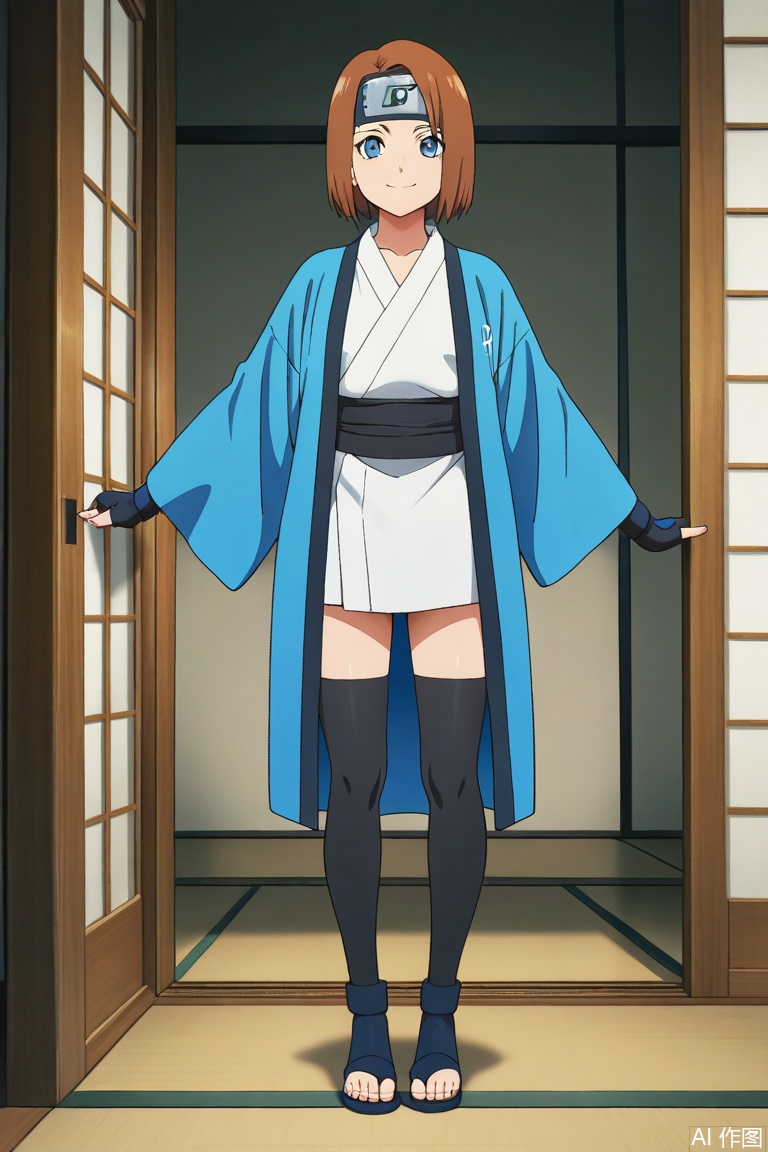 1girl, solo, short hair, looking at viewer, anime style,anime painting,smile,forehead protector, bangs, shirt, brown hair, long sleeves,haori,shirt, blue eyes, ninja sandals,fingerless gloves, black thighhighs, indoors,masterpiece,best quality,amazing quality,masterpiece,best quality,amazing quality,pixiv masterpiece, intricate details, source_anime,score_9, score_8_up, score_7_up, details,score_6_up,intricate details, source_anime,FSW,nicehand,narutoseries