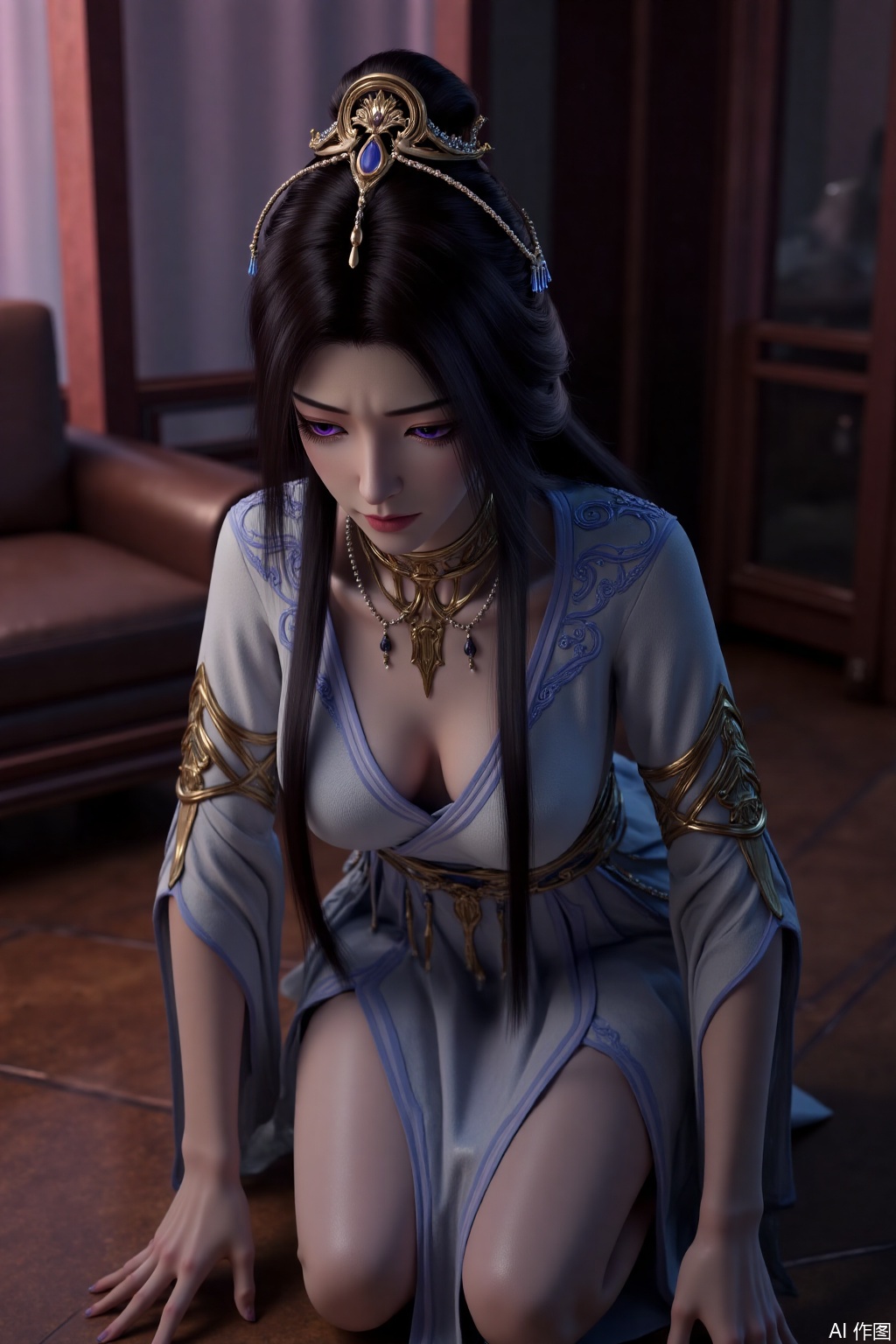 ZiLing,1girl, solo, long hair,big breasts,cleavage, black hair, hair ornament, jewelry, on all fours,Bending down to expose the cleavage,white dress, chinese clothes,light purple eyes,living room,tile floor