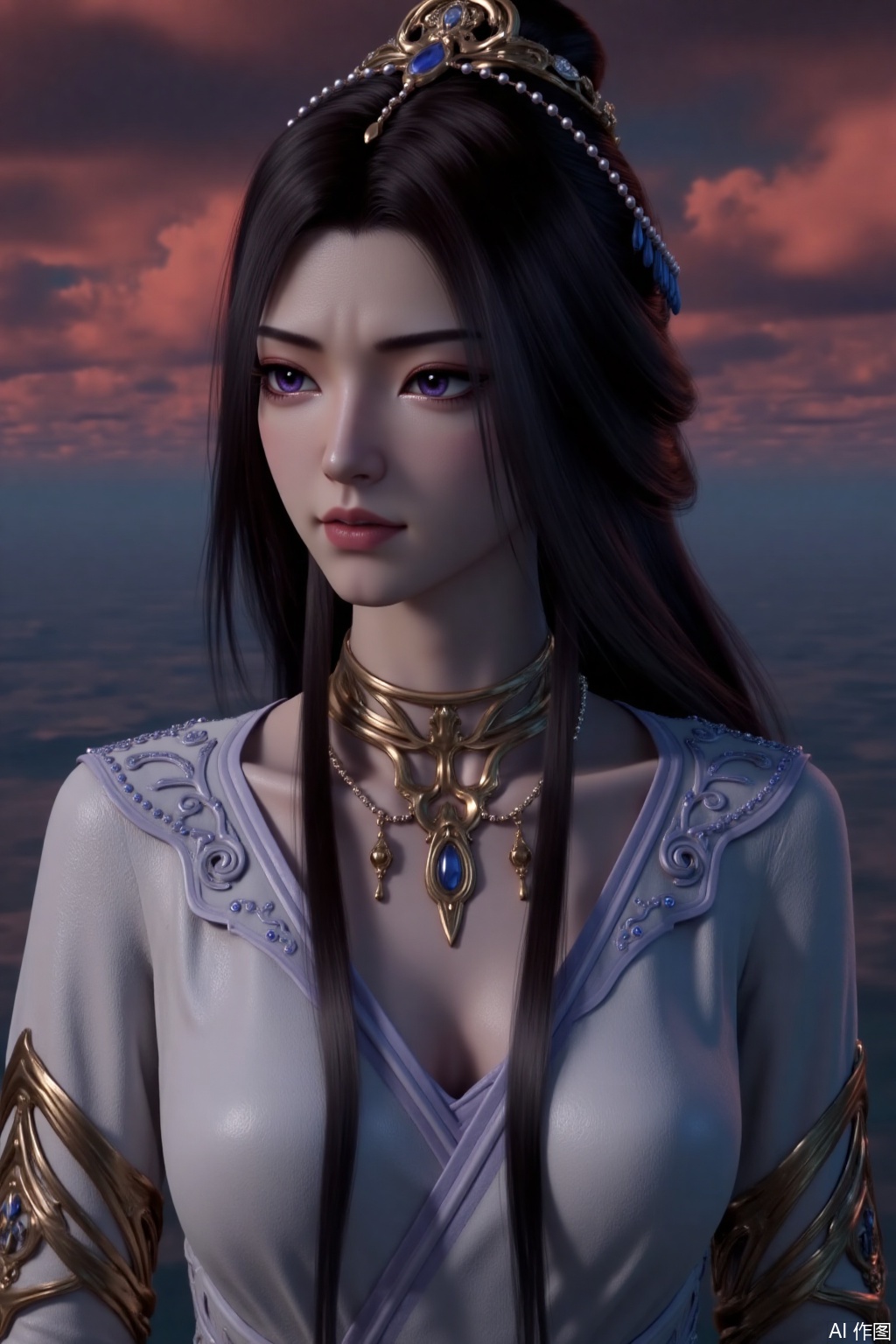 score_9_up,score_8_up,ZiLing,1girl, solo, long hair, looking at viewer, black hair, hair ornament, dress, jewelry, purple eyes, upper body, sky, cloud, necklace, white dress, cloudy sky, 
