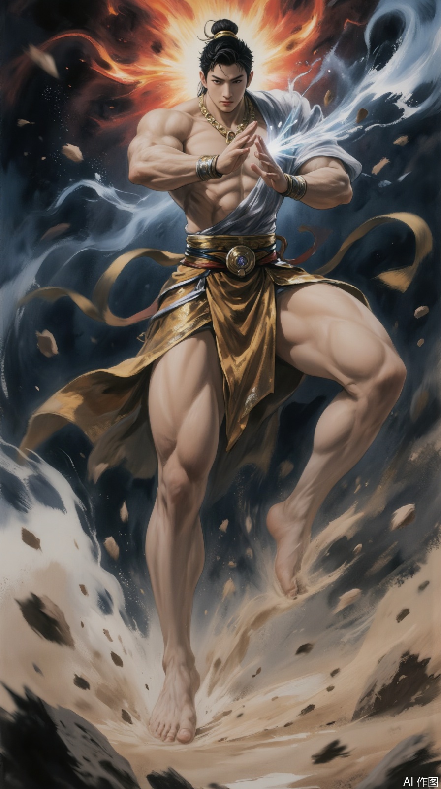 In the 8K ultra-high-definition picture quality, the use of cinematic lighting creates a mysterious and layered light and shadow effect, giving the picture a strong sense of film texture and high-end, and creating a shocking scene. In the center of the picture, there is a face of eight arms that descended from the Three Realms. It is in a huge state of destruction of the sky and the earth. It is tall and burly and has a strong muscle, which brings the viewer a strong sense of fear of a giant thing. Every muscle is full of explosive power, the texture is clearly visible, as if it contains endless power, and the master-level detail carving makes every line come to life. In the middle of the forehead of the Ming King of the Three Worlds, there is a third eye, with deep eyes, emitting a mysterious and majestic light, as if able to see through all the illusions in the world. He wore a tiger skin skirt, with delicate and realistic patterns and bright colors, demonstrating his bravery and fearlessness. Behind both feet, they steadily stepped on the Great Free Man, who symbolized Lord Shiva and his Ming Concubine Umo. This posture clearly shows that the power of the Ming King in the Three Worlds is stronger than the imitation object. The little fingers of the Ming King's hands collided on his chest to form the Seal of the Three Worlds. The hand seal was solemn and mysterious, as if it was gathering powerful energy to subdue all obstacles. Behind it is a blazing flame, and the flame backlight is contrasting with crimson and blue blue. The crimson is as hot as magma, and blue blue blue is as mysterious as the deep night sky. The strong collision creates a fantastic and shocking visual effect, as if the flame is a power from another mysterious dimension. Fantasy clouds and mist linger around the Ming King of the Three Worlds. The shape of the clouds and mists is unpredictable, sometimes like a soft gauze, sometimes like surging waves, full of fantasy and confusion in the style of Dream Core. It cleverly incorporates the flying elements of Dunhuang murals. The graceful flying fairy dances among the clouds and mists, and the ribbons flutter in the wind, with graceful and charming postures. They either hold flowers or musical instruments in their hands, flying around the Ming King, adding a sense of sacredness and peace to the picture, and at the same time perfectly blending different mythological and legendary elements. Every detail of the entire scene is carefully portrayed, from the majestic and fearful expression of Ming Wang’s face, the texture texture of the costumes, to the agile jump of flames, the ethereal form of clouds, and even the expression movements of the flying fairy, they are all presented in ultra-high-definition picture quality. Through the clever contrast of light and shadow, the cool highlights highlight the luster of the jewelry on the body of Mingwang and the shining of the flames, while the dark blue shadow strengthens the three-dimensional sense of muscles and the suppression of the characters under the feet, further creating a mysterious and powerful atmosphere, like a masterpiece made by a masterpiece,