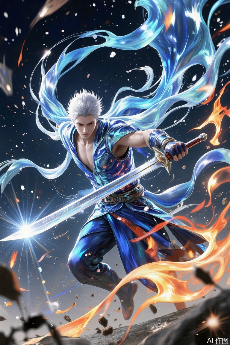 Devil May Cry Dante comes from the blue ghost fire flames, HD 8K, movie texture. His whole body was wrapped in flames and was majestic. Demonize in the hand? Spartan's Sword