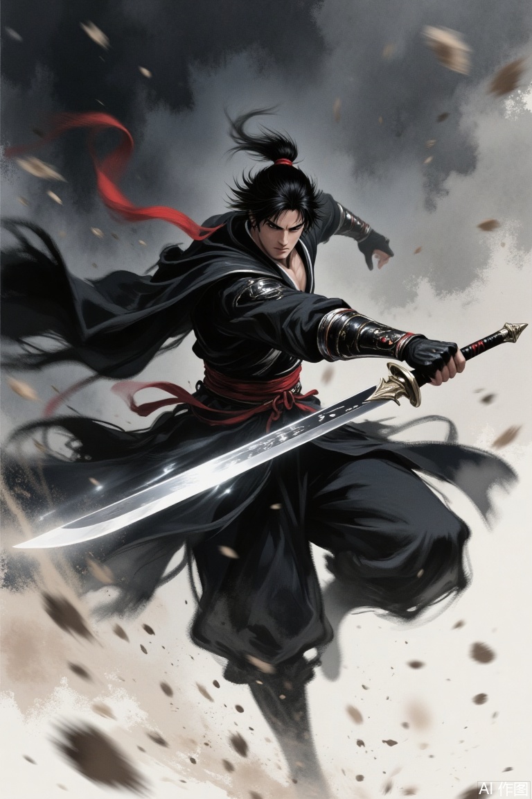 Help me generate a picture: blurry, the overall situation is blurry, vaguely blurry ancient costume portraits, the killer holding a sword, handsome male. Flying hair, heroic spirit, murderous aura, out of control, looking at the camera, staring at the camera, eye capture, sense of fate, murderous eyes, dynamic blur, motion blur, blurred edges, flying snow, gray tone, dark, dark light, multiple exposures, out of focus, ultra-wide angle, strong perspective, depth of field, high noise, strong film grain, dynamic aesthetics, dispersive smudge, hazy aesthetics, exaggerated composition, surreal, vivid, masterpiece. BJD effect, ink stain, visual shock and dynamic tension,