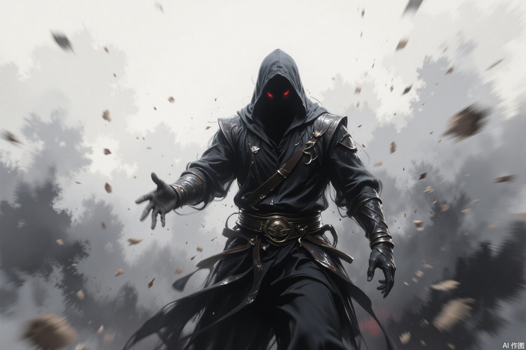 Mysterious figure behind hazy frosted glass, frosted glass texture, blurred light and shadow effect, hazy gray color scheme, blur, dynamic angle, figure is located in the center of the picture, fantasy elements,
