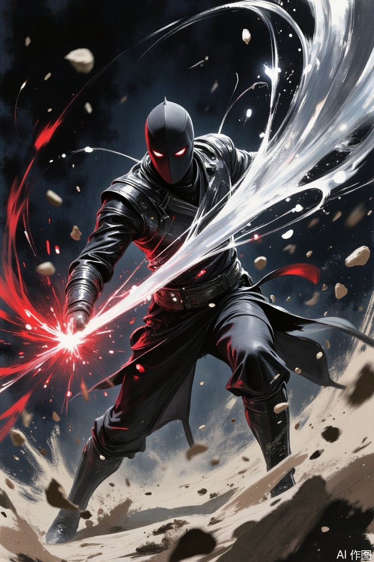 Watercolor painting, dark, ostentatious, black, red, silver flash, dark night assassin, straight ahead, cold light arc spiral, fuzzy speed, dynamic blur, abstract, flying sand and stones, dark painting style