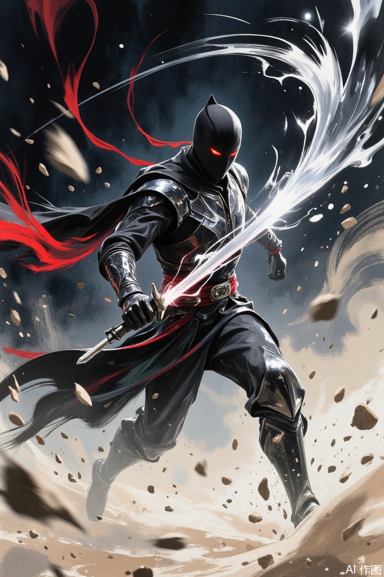 Watercolor painting, dark, ostentatious, black, red, silver flash, dark night assassin, straight ahead, cold light arc spiral, fuzzy speed, dynamic blur, abstract, flying sand and stones, dark painting style