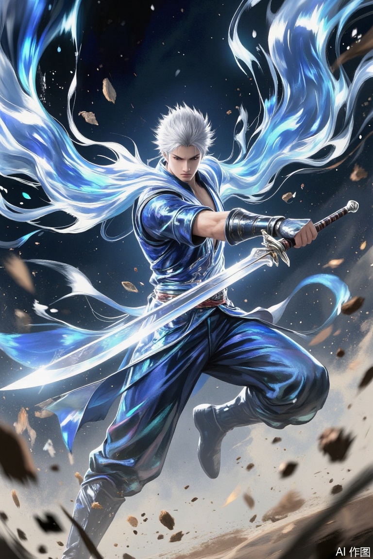 Devil May Cry Dante comes from the blue ghost fire flames, HD 8K, movie texture. His whole body was wrapped in flames and was majestic. Demonize in the hand? Spartan's Sword