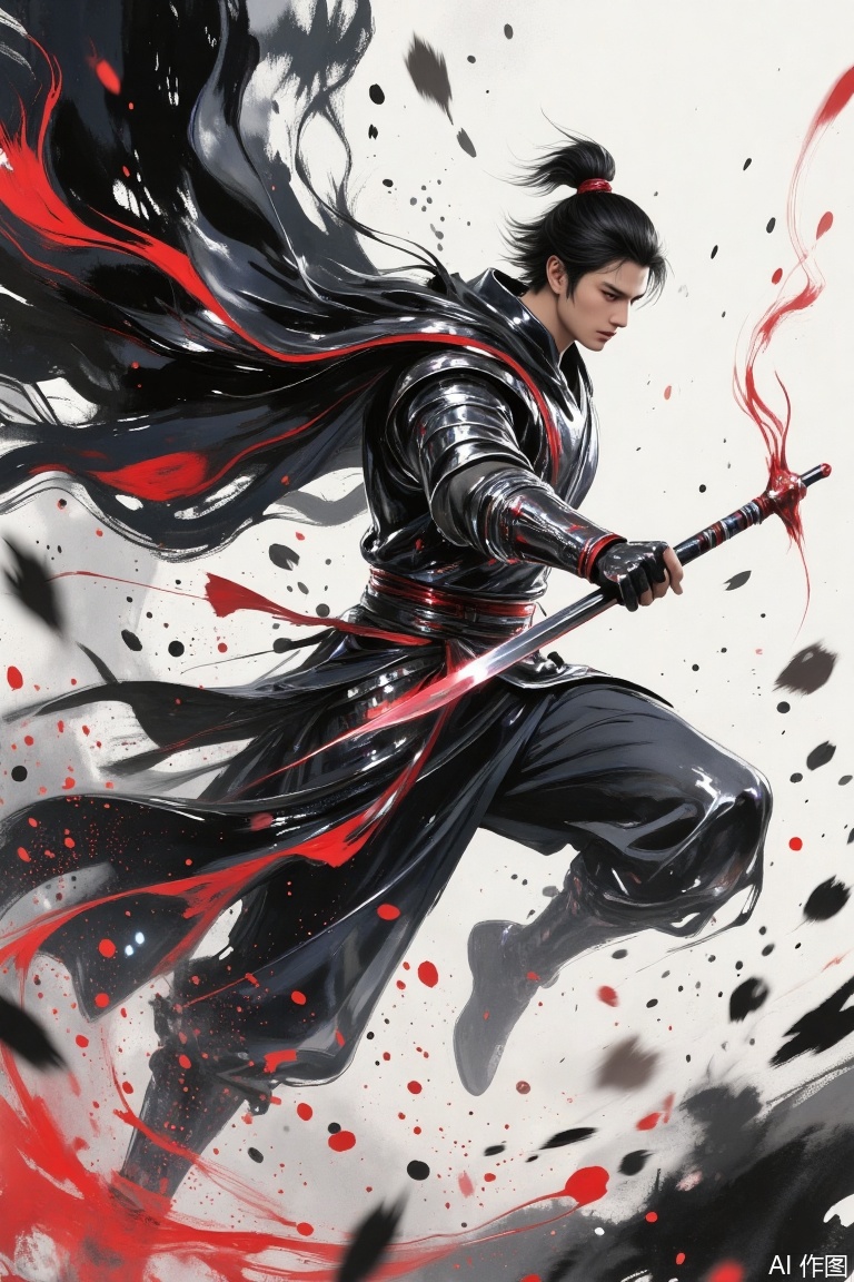 Loish flowing color style, liquid pigment splashes with limbs into abstract beastly brushstrokes, black black red, Lu Bu, tall man, blurred face, contemptuous expression, exaggerated muscles, wearing a huge sagging double feather black and red crown, liquid armor, super large and long liquid cloak, holding a square sky painting halberd, suspended in the air, and the lower body pigment is liquid. The body is surrounded by smoke in the form of black black red pigment splashes, smoke formed by a large amount of black red pigment in the background, smoke formed by a large amount of red pigment in the close-up, and the close-up and legs are completely integrated in the form of a liquid splash of pigment. Acrylic paint, oil painting, blending the background and foreground, dark, adopting non-traditional composition, breaking the conventional