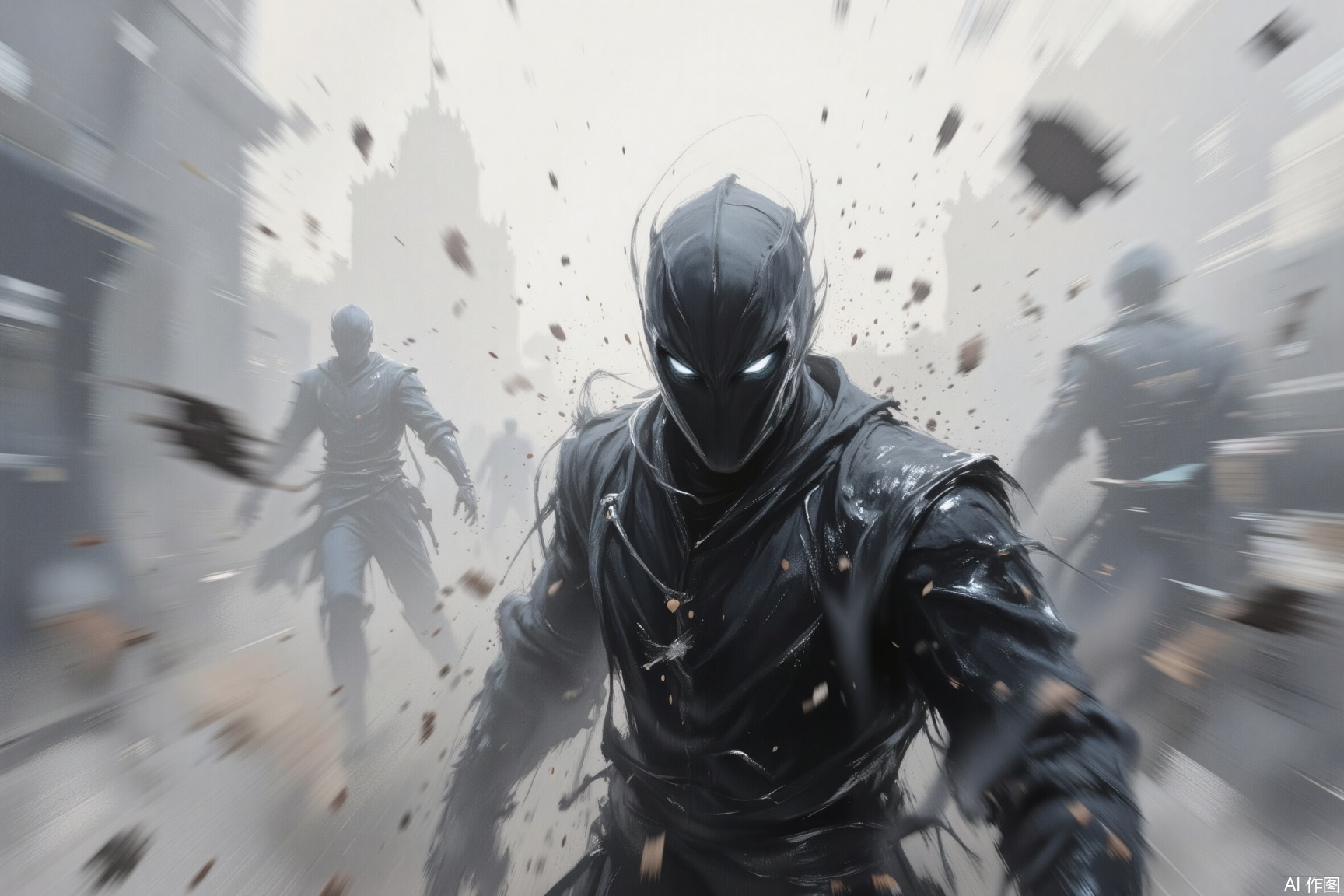 Mysterious figure behind hazy frosted glass, frosted glass texture, blurred light and shadow effect, hazy gray color scheme, blur, dynamic angle, figure is located in the center of the picture, fantasy elements,
