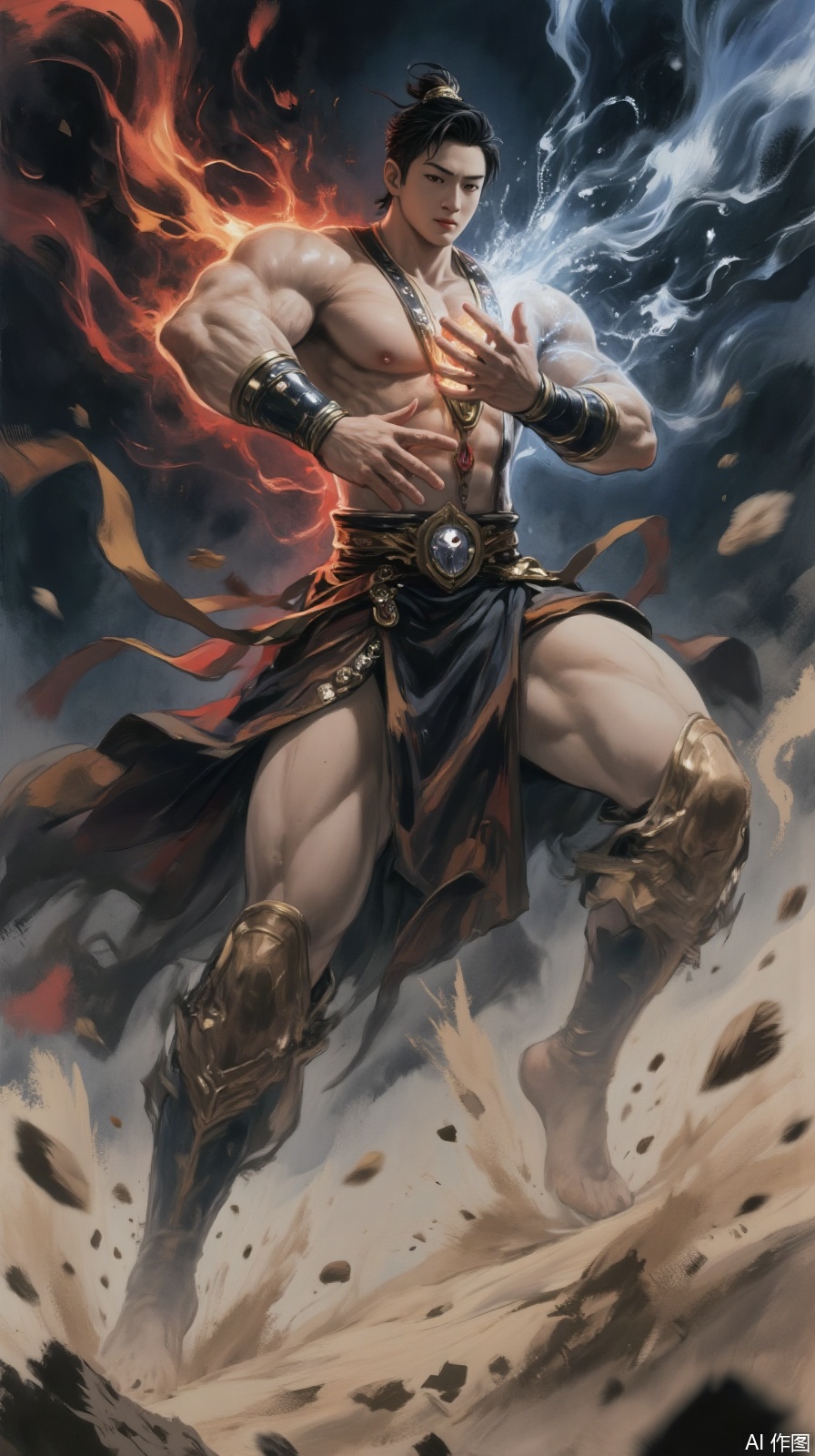 In the 8K ultra-high-definition picture quality, the use of cinematic lighting creates a mysterious and layered light and shadow effect, giving the picture a strong sense of film texture and high-end, and creating a shocking scene. In the center of the picture, there is a face of eight arms that descended from the Three Realms. It is in a huge state of destruction of the sky and the earth. It is tall and burly and has a strong muscle, which brings the viewer a strong sense of fear of a giant thing. Every muscle is full of explosive power, the texture is clearly visible, as if it contains endless power, and the master-level detail carving makes every line come to life. In the middle of the forehead of the Ming King of the Three Worlds, there is a third eye, with deep eyes, emitting a mysterious and majestic light, as if able to see through all the illusions in the world. He wore a tiger skin skirt, with delicate and realistic patterns and bright colors, demonstrating his bravery and fearlessness. Behind both feet, they steadily stepped on the Great Free Man, who symbolized Lord Shiva and his Ming Concubine Umo. This posture clearly shows that the power of the Ming King in the Three Worlds is stronger than the imitation object. The little fingers of the Ming King's hands collided on his chest to form the Seal of the Three Worlds. The hand seal was solemn and mysterious, as if it was gathering powerful energy to subdue all obstacles. Behind it is a blazing flame, and the flame backlight is contrasting with crimson and blue blue. The crimson is as hot as magma, and blue blue blue is as mysterious as the deep night sky. The strong collision creates a fantastic and shocking visual effect, as if the flame is a power from another mysterious dimension. Fantasy clouds and mist linger around the Ming King of the Three Worlds. The shape of the clouds and mists is unpredictable, sometimes like a soft gauze, sometimes like surging waves, full of fantasy and confusion in the style of Dream Core. It cleverly incorporates the flying elements of Dunhuang murals. The graceful flying fairy dances among the clouds and mists, and the ribbons flutter in the wind, with graceful and charming postures. They either hold flowers or musical instruments in their hands, flying around the Ming King, adding a sense of sacredness and peace to the picture, and at the same time perfectly blending different mythological and legendary elements. Every detail of the entire scene is carefully portrayed, from the majestic and fearful expression of Ming Wang’s face, the texture texture of the costumes, to the agile jump of flames, the ethereal form of clouds, and even the expression movements of the flying fairy, they are all presented in ultra-high-definition picture quality. Through the clever contrast of light and shadow, the cool highlights highlight the luster of the jewelry on the body of Mingwang and the shining of the flames, while the dark blue shadow strengthens the three-dimensional sense of muscles and the suppression of the characters under the feet, further creating a mysterious and powerful atmosphere, like a masterpiece made by a masterpiece,