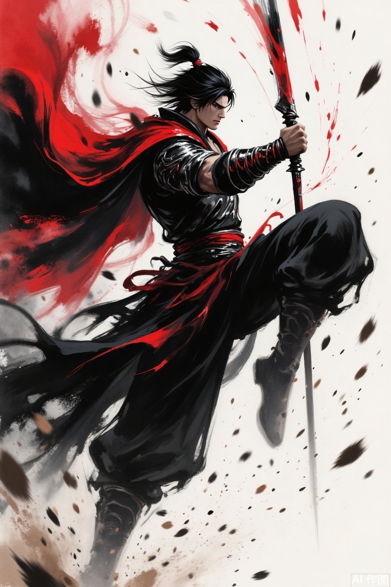 Loish flowing color style, liquid pigment splashes with limbs into abstract beastly brushstrokes, black black red, Lu Bu, tall man, blurred face, contemptuous expression, exaggerated muscles, wearing a huge sagging double feather black and red crown, liquid armor, super large and long liquid cloak, holding a square sky painting halberd, suspended in the air, and the lower body pigment is liquid. The body is surrounded by smoke in the form of black black red pigment splashes, smoke formed by a large amount of black red pigment in the background, smoke formed by a large amount of red pigment in the close-up, and the close-up and legs are completely integrated in the form of a liquid splash of pigment. Acrylic paint, oil painting, blending the background and foreground, dark, adopting non-traditional composition, breaking the conventional