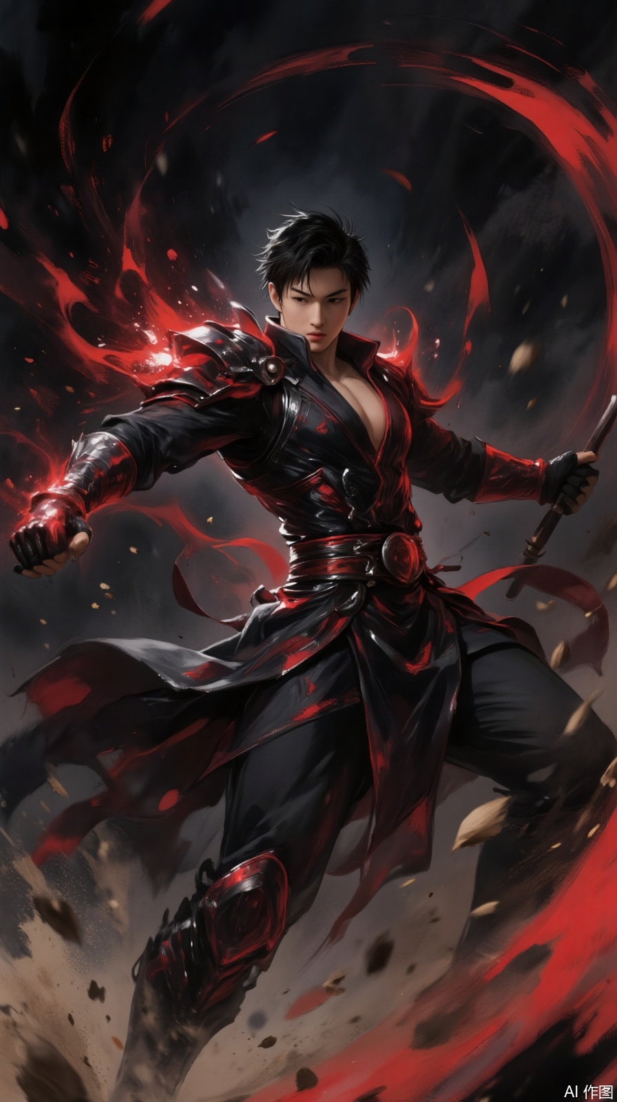 The moment of the Dark Red Armor Nezha's explosion: The picture focuses on a very close-up of Nezha's upper body. He is wearing dark red soft light armor, and the surface of the armor is filled with dark red light, as if it contains endless power. The light of the explosion bloomed around him, and the smoke particles and the fire intertwined, forming a chaotic and spectacular scene. His side profile was clearly defined, his eyes were sharp and fierce, as if he could penetrate everything, and at the same time he was flashing with an ominous light. The whole picture is mainly dark and low saturation red, supplemented by titanium silver glow effect, creating a mysterious and depressing atmosphere. The sense of space and oppression are about to emerge, with three heads and six arms, and a strong sense of oppression.