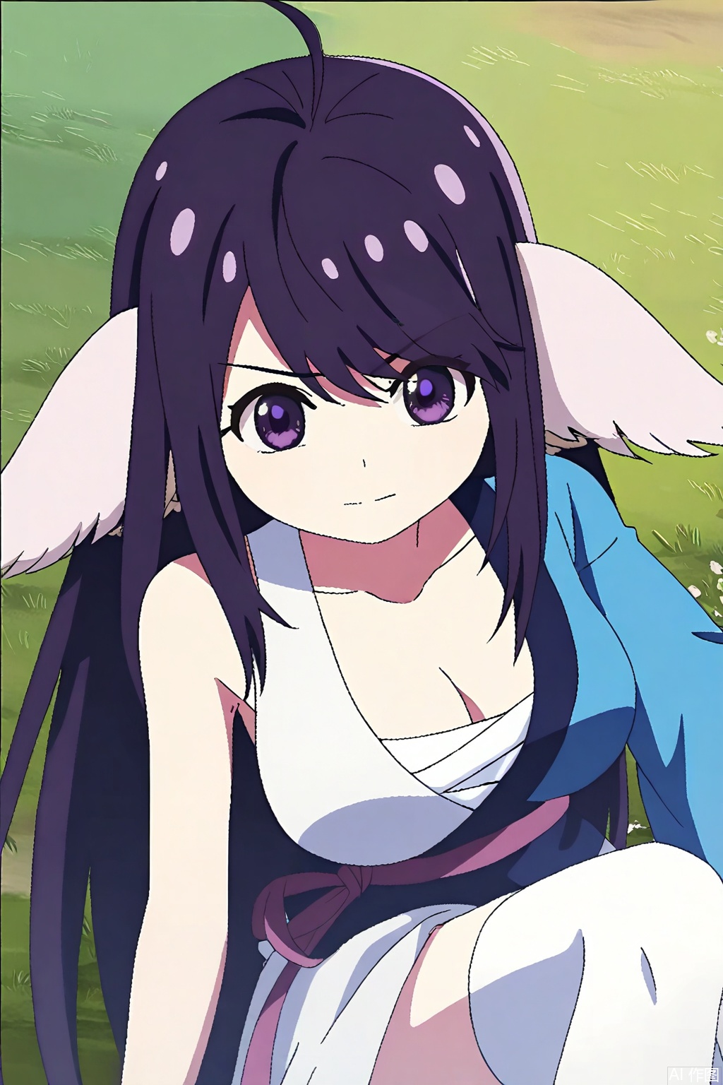 1girl, solo, long hair, breasts, looking at viewer, bangs, large breasts, black hair, animal ears, cleavage, closed mouth, purple eyes, collarbone, purple hair,japanese clothes, kimono, open kimono, single bare shoulder,Thigh exposed,thighhighs,looking at viewer,in a meadow,