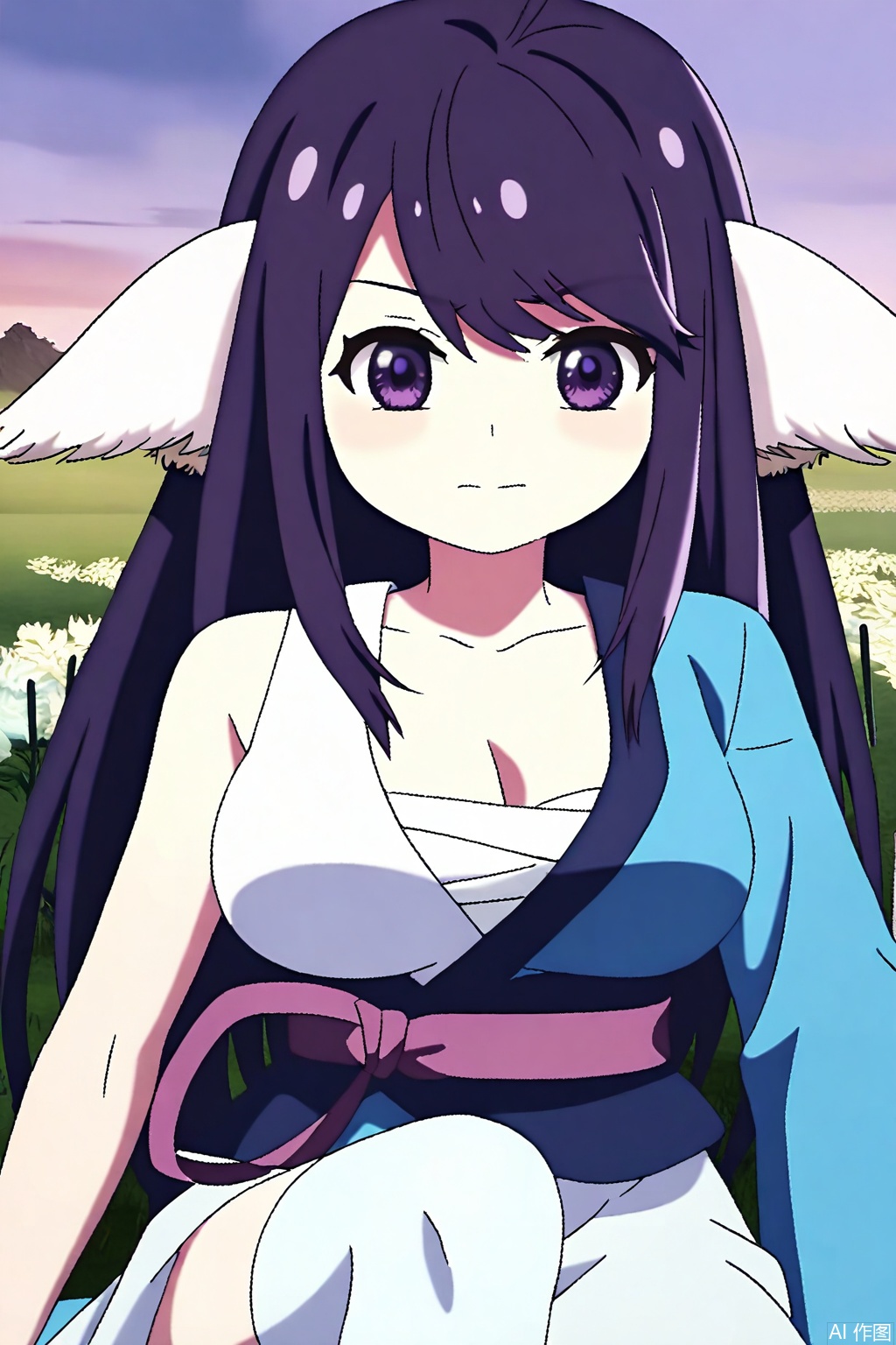 1girl, solo, long hair, breasts, looking at viewer, bangs, large breasts, black hair, animal ears, cleavage, closed mouth, purple eyes, collarbone, purple hair,japanese clothes, kimono, open kimono, single bare shoulder,Thigh exposed,thighhighs,looking at viewer,in a meadow,
