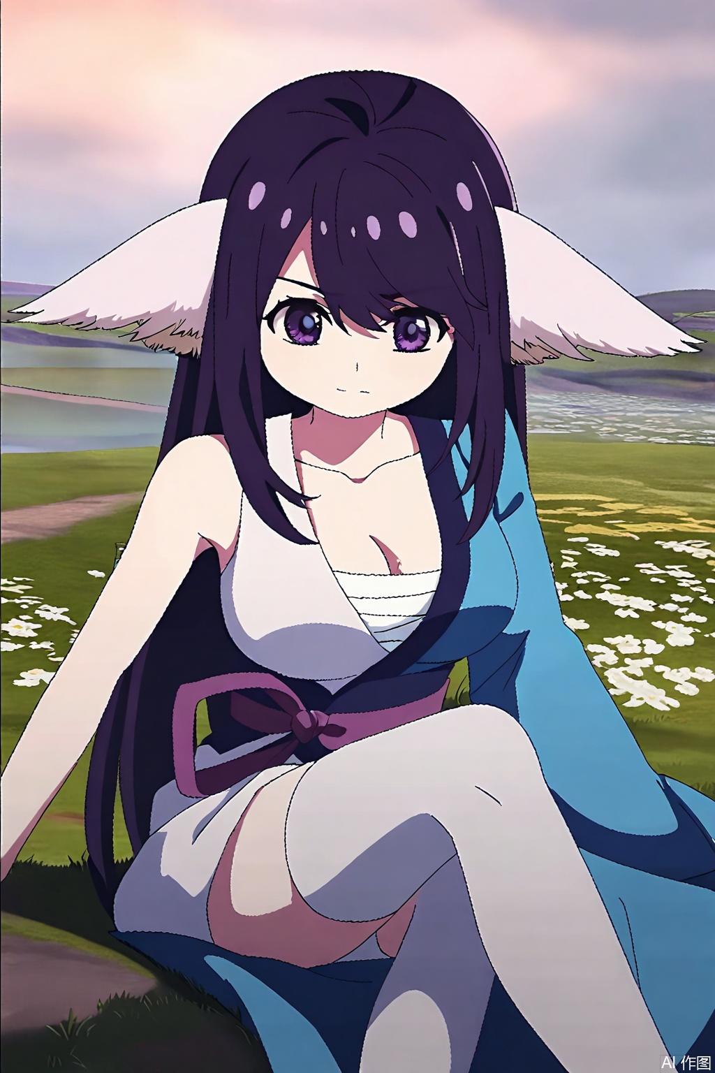 1girl, solo, long hair, breasts, looking at viewer, bangs, large breasts, black hair, animal ears, cleavage, closed mouth, purple eyes, collarbone, purple hair,japanese clothes, kimono, open kimono, single bare shoulder,Thigh exposed,thighhighs,looking at viewer,in a meadow,