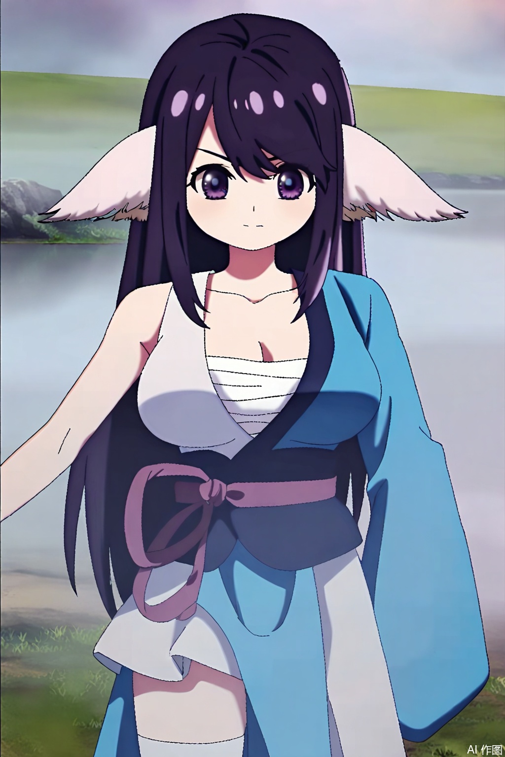 1girl, solo, long hair, breasts, looking at viewer, bangs, large breasts, black hair, animal ears, cleavage, closed mouth, purple eyes, collarbone, purple hair,japanese clothes, kimono, open kimono, single bare shoulder,Thigh exposed,thighhighs,looking at viewer,in a meadow,
