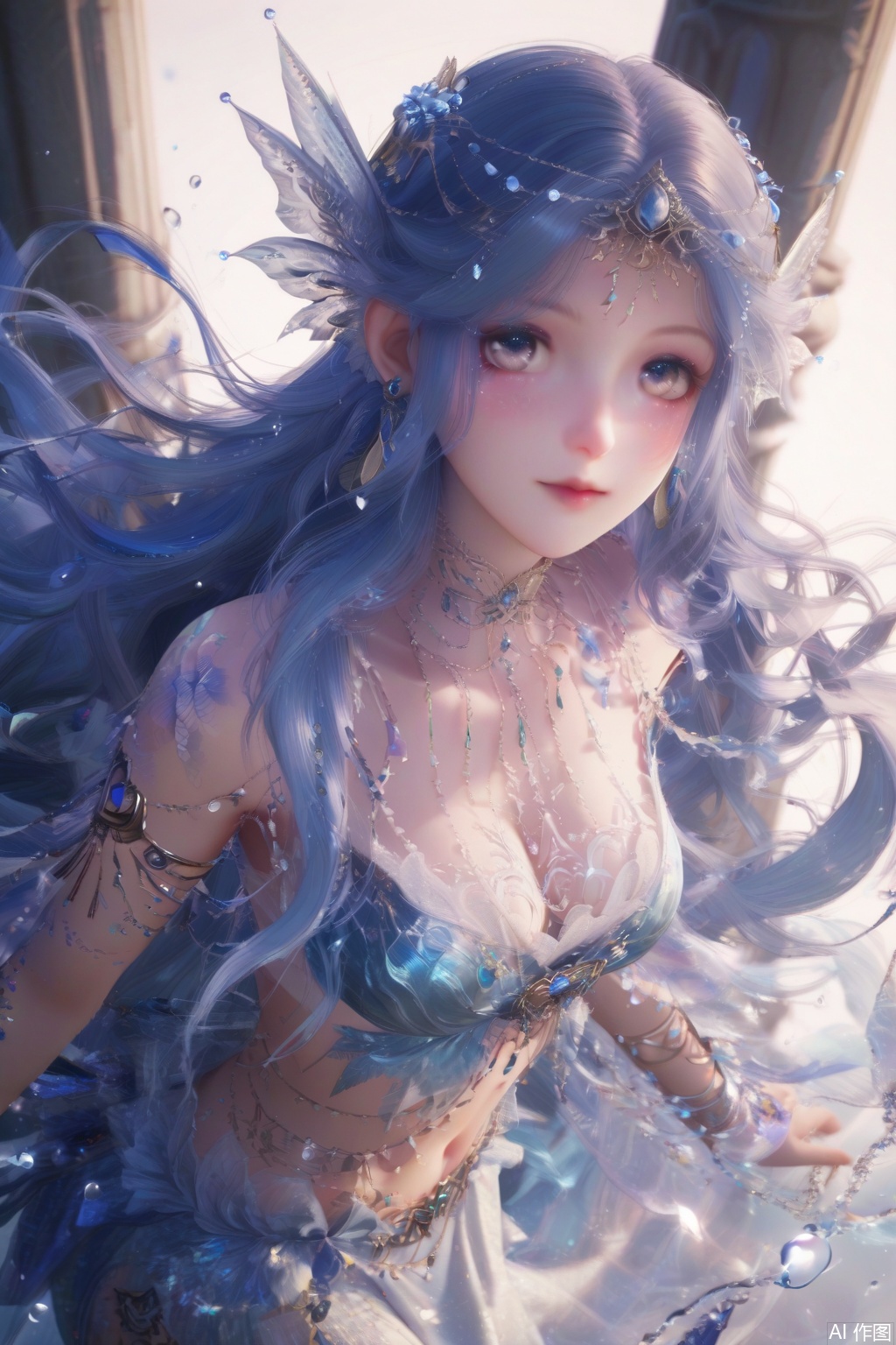 score_9,score_8_up,score_7_up,1girl,solo,long hair,breasts,looking at viewer,grey eyes,very long hair,necklace,earrings,hair ornament,dress,cleavage,jewelry,closed mouth,blue hair,earrings,gem,pillar,armlet,long skirt,white background,water drop,finger heart,leaning forward