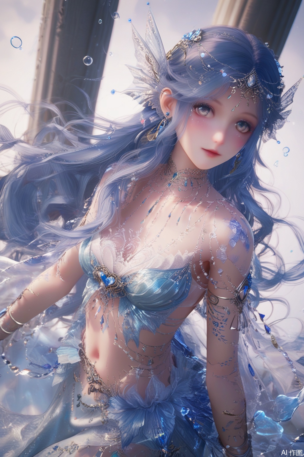 score_9,score_8_up,score_7_up,1girl,solo,long hair,breasts,looking at viewer,grey eyes,very long hair,necklace,earrings,hair ornament,dress,cleavage,jewelry,closed mouth,blue hair,earrings,gem,pillar,armlet,long skirt,white background,water drop,finger heart