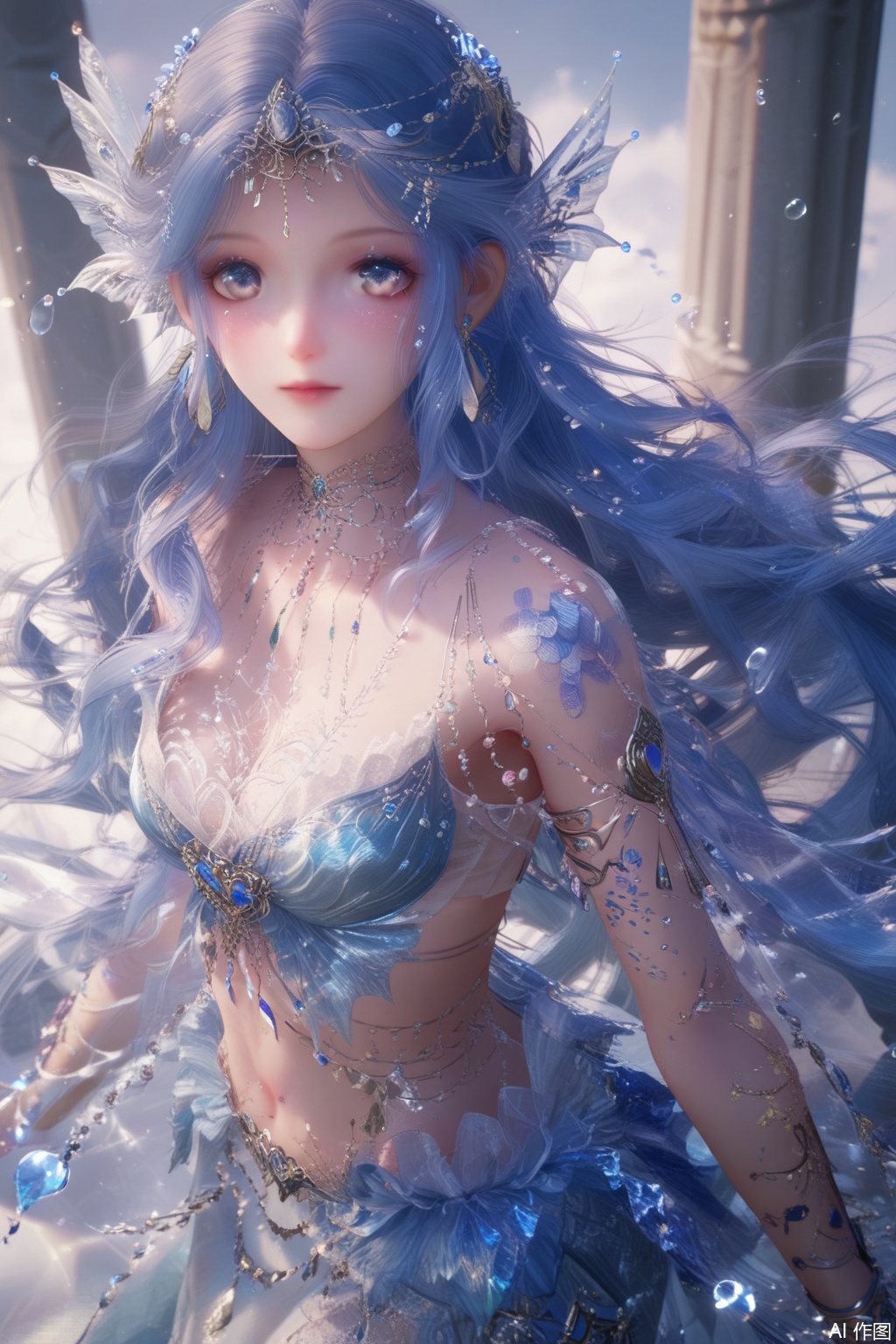 score_9,score_8_up,score_7_up,1girl,solo,long hair,breasts,looking at viewer,grey eyes,very long hair,necklace,earrings,hair ornament,dress,cleavage,jewelry,closed mouth,blue hair,earrings,gem,pillar,armlet,long skirt,white background,water drop,finger heart