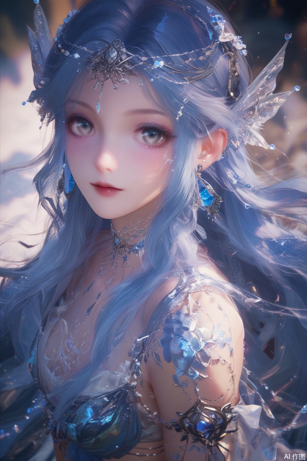 score_9,score_8_up,score_7_up,1girl,solo,long hair,looking at viewer,grey eyes,very long hair,blue hair,earrings,blurry background,pov,