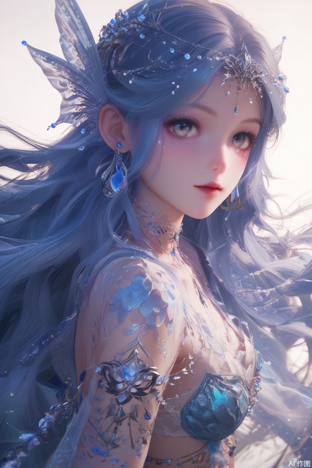 score_9,score_8_up,score_7_up,1girl,solo,long hair,looking at viewer,grey eyes,very long hair,blue hair,earrings,white background,pov,