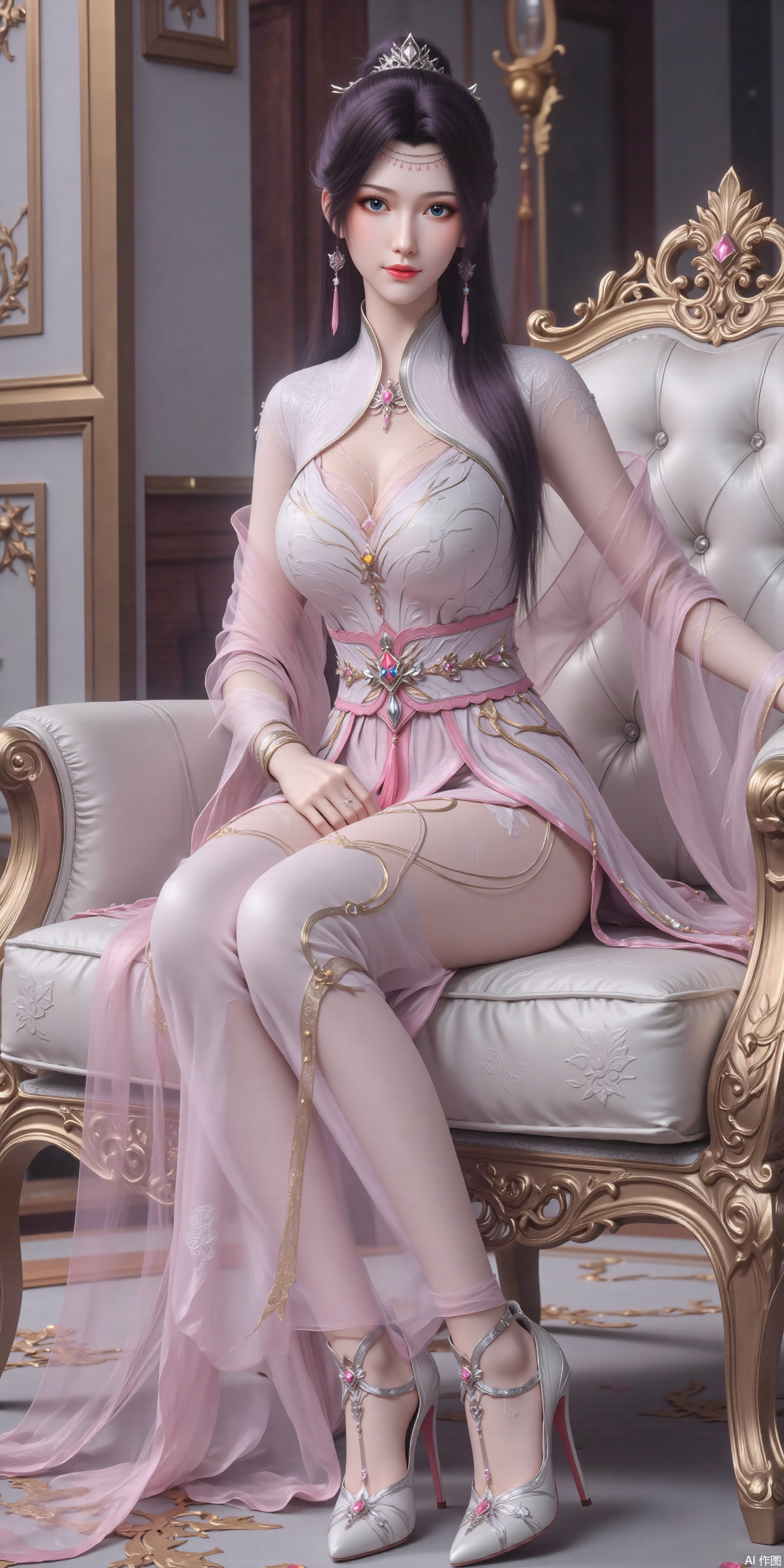 Ultra Clear, Wallpaper, 8K, Masterpiece, Masterpiece, Best Quality, High Quality, Color, Hair Accessories, Extra Long Legs
, high-heeled sandals, earrings, black hair, light pink theme, long legs, slim legs, tilted back,stretch legs
(masterpiece, wallpaper, best quality: 2), 1 girl, whole body, hanfu, whole body hot, wallpaper, cartoon style powder blusher, whole body, beautiful legs, attractive smile, [[[socks_removed]]], The pink dress, looking_at_viewer,dumpling_Hug_Pillow, Sitting on the sofa, in a classical hall, with embossed high heels, plns-high high heels