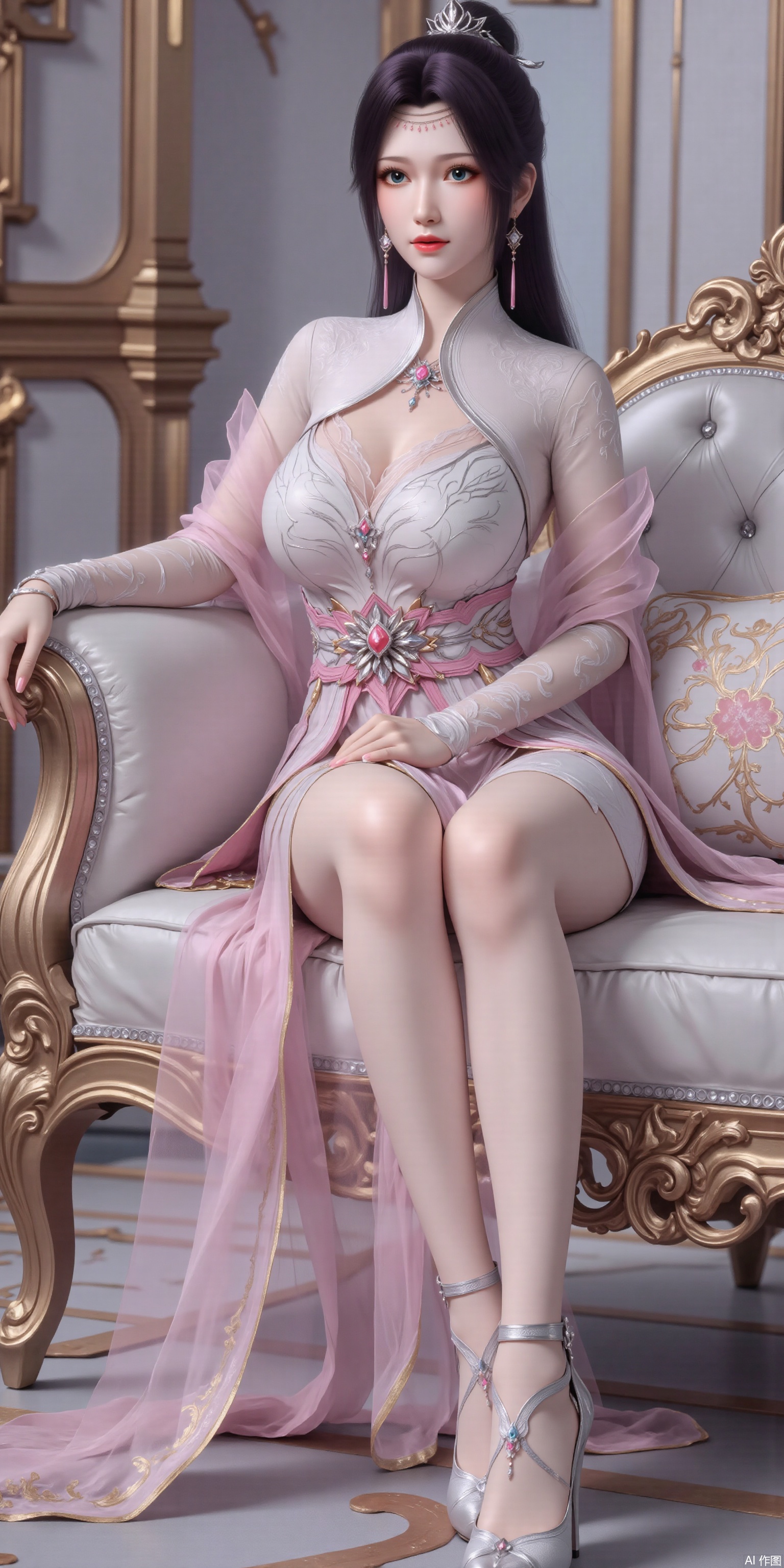 Ultra Clear, Wallpaper, 8K, Masterpiece, Masterpiece, Best Quality, High Quality, Color, Hair Accessories, Extra Long Legs
, high-heeled sandals, earrings, black hair, light pink theme, long legs, slim legs, tilted back,stretch legs
(masterpiece, wallpaper, best quality: 2), 1 girl, whole body, hanfu, whole body hot, wallpaper, cartoon style powder blusher, whole body, beautiful legs, attractive smile, [[[socks_removed]]], The pink dress, looking_at_viewer,dumpling_Hug_Pillow, Sitting on the sofa, in a classical hall, with embossed high heels, plns-high high heels