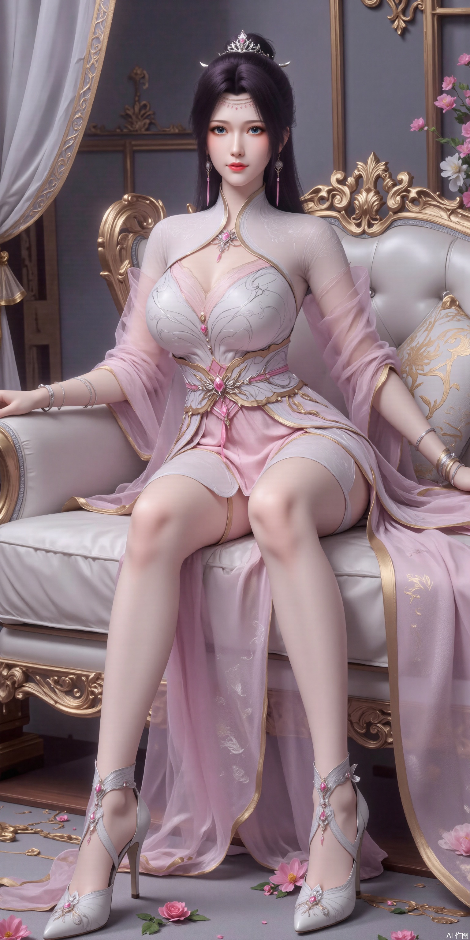 Ultra Clear, Wallpaper, 8K, Masterpiece, Masterpiece, Best Quality, High Quality, Color, Hair Accessories, Extra Long Legs
, high-heeled sandals, earrings, black hair, light pink theme, long legs, slim legs, tilted back,stretch legs
(masterpiece, wallpaper, best quality: 2), 1 girl, whole body, hanfu, whole body hot, wallpaper, cartoon style powder blusher, whole body, beautiful legs, attractive smile, [[[socks_removed]]], The pink dress, looking_at_viewer,dumpling_Hug_Pillow, Sitting on the sofa, in a classical hall, with embossed high heels, plns-high high heels