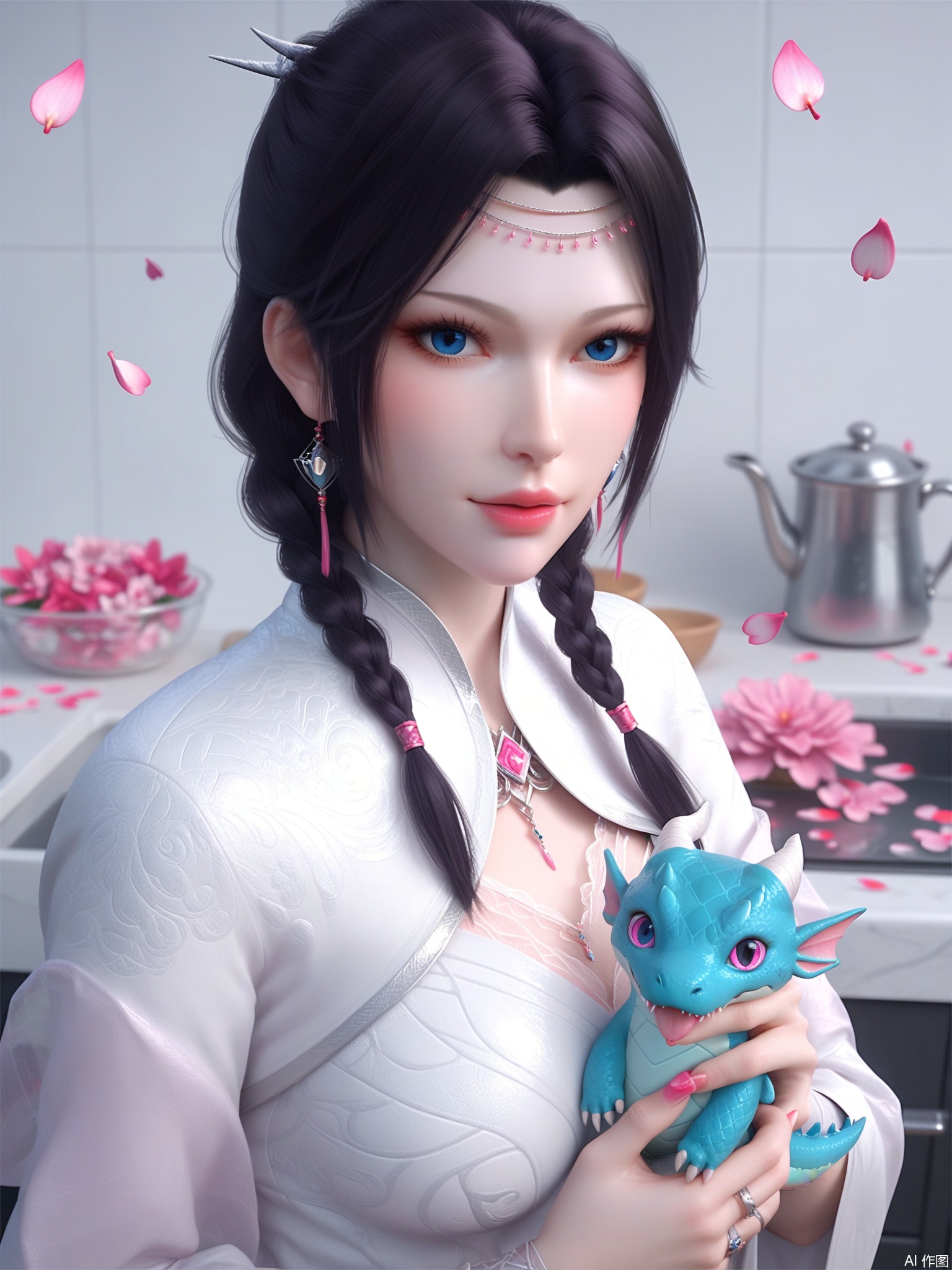 score_9,score_8_up,score_7_up,1girl,looking_at_viewer,realistic,1girl,Vivid Colors,bright environment,delicate water,shiny skin,shiny hair,reflection,flower sea,falling petals,extreme detail description,(upper body:1),long_hair,(skindentation:1.3),Fishnet stockings,black hair,holding animal,twin braids,dragon,ring,kitchen