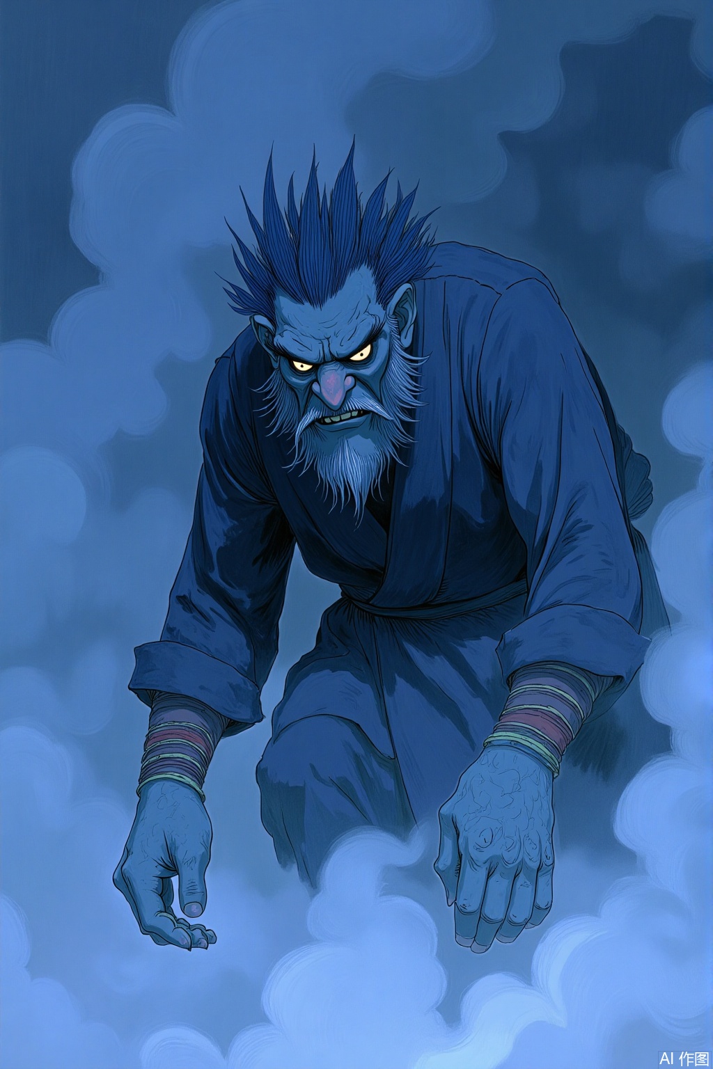 OBhxiang,
Depict a shadowy emissary emerging from a realm shrouded in perpetual twilight. Its humanoid form is defined by sharp, angular lines of deep indigo ink, casting stark shadows that dance and writhe around it. Hints of soft blue watercolor cling to its edges like lingering remnants of a fading light. Its eyes glow with an eerie, internal luminescence, piercing the gloom with an unnerving intensity. Long, skeletal fingers of black ink extend from its sleeves, their touch leaving fleeting trails of darkness. An aura of mystery and foreboding surrounds it, suggesting a messenger from a place beyond the veil of waking consciousness. It moves with a deliberate, unsettling stillness, its presence a harbinger of forgotten secrets and hidden truths. The very silence in its wake feels heavy with unspoken pronouncements and impending revelations.