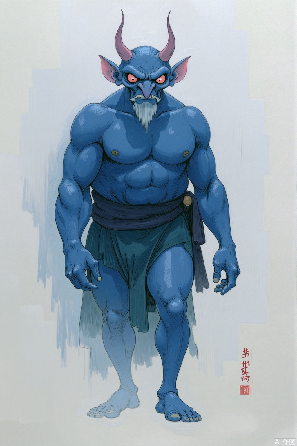 OBhxiang,
Illustrate a dreamlike sentinel with a humanoid shape, its body seemingly made of solidified deep blue ink, with faint emanations of soft purple watercolor.