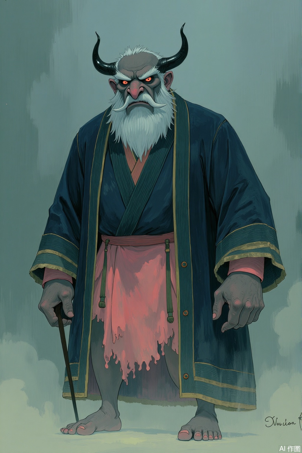 OBhxiang,
A digital painting of an alien humanoid with a blue

smooth-skinned head

elongated ears

and a long

white beard. The alien wears a traditional Japanese kimono with a black robe and a red obi featuring gold patterns. The background is a misty

muted green

with subtle hints of red and purple

suggesting a dreamlike or ethereal setting. The lighting is soft

with gentle highlights on the alien's face and beard

enhancing the mystical atmosphere. The art style is reminiscent of Japanese ukiyo-e

with intricate details and a harmonious blend of colors.

