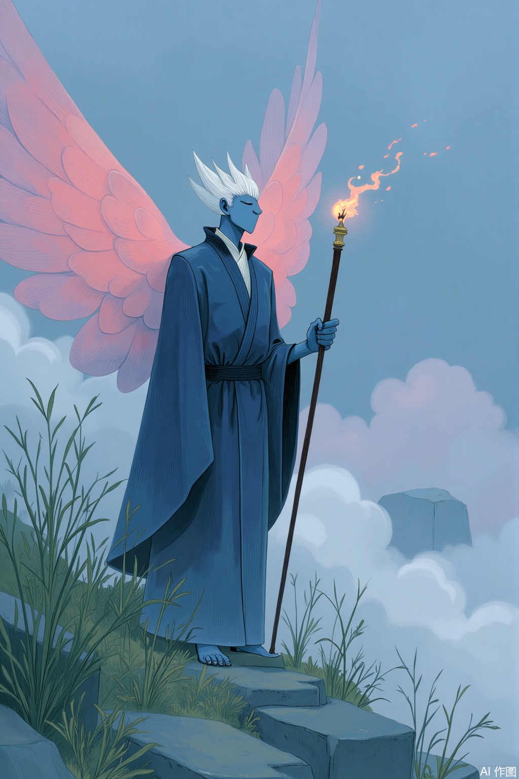 OBhxiang,
Digital illustration of a tall

slender

androgynous figure with dark blue skin

standing in a mystical

cloud-filled sky. The figure has long

flowing blue hair

and is adorned with large

pink and white feathered wings. They wear a dark blue

traditional robe with intricate patterns. The figure holds a glowing staff in one hand

and their other hand rests on a large

leafy plant. The background features soft

pastel-colored clouds and a glowing full moon. The art style is ethereal and dreamlike

with a soft

painterly texture. The overall mood is serene and magical.


