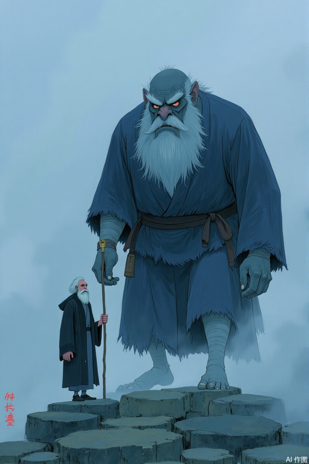OBhxiang,
A digital painting featuring an elderly man with a white beard and long white hair

wearing a pink robe with black sleeves and a blue skirt

standing on a rocky cliff under a misty sky. He holds a long wooden staff in his right hand. Behind him

a massive

imposing creature with a large head

sharp teeth

and a long beard looms

partially obscured by the mist. The color palette is dominated by cool blues and greens

with subtle hints of pink and purple. The style is reminiscent of fantasy illustrations

with a mix of realistic and surreal elements.

