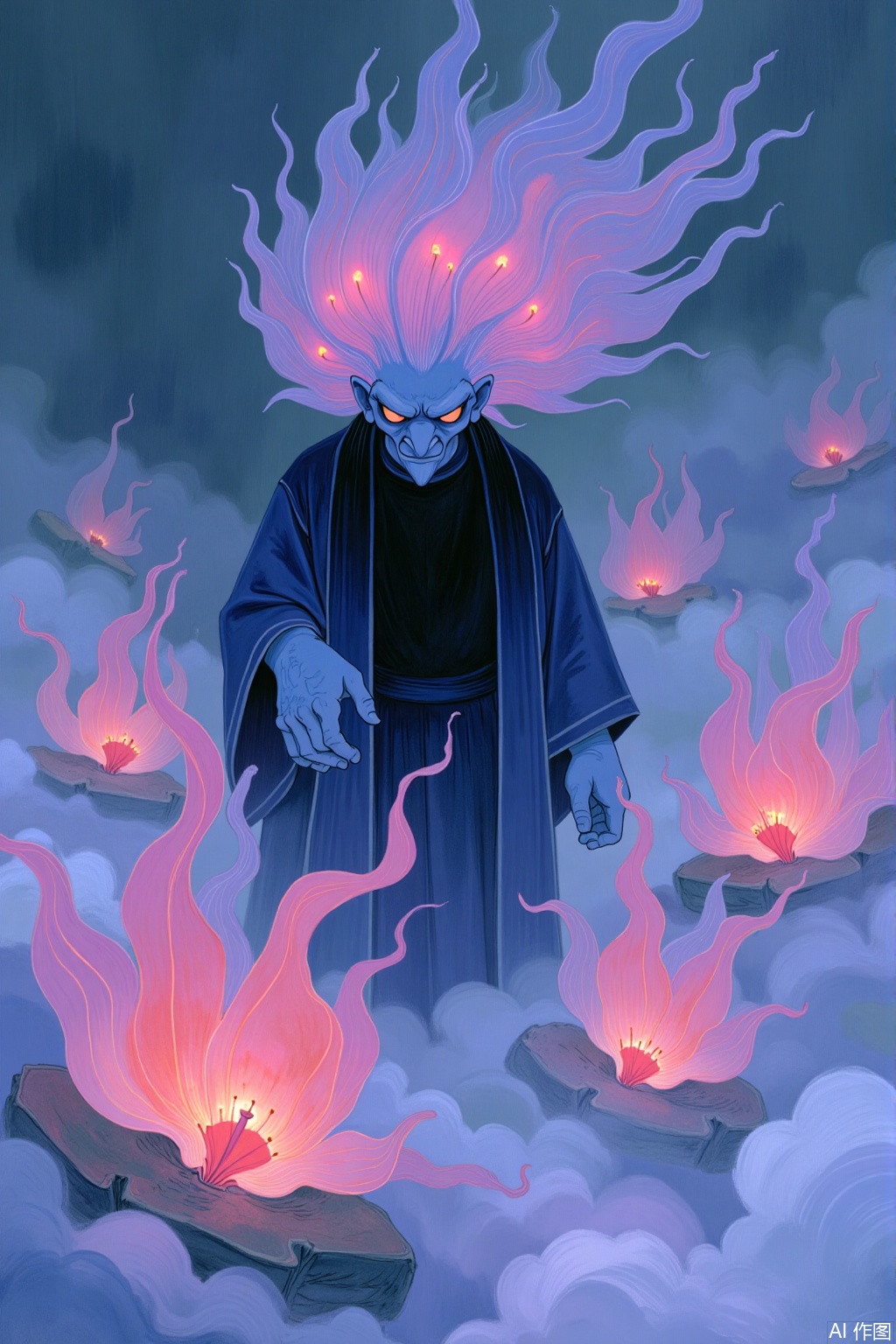 OBhxiang,
Imagine a dreamlike alchemist transmuting the raw emotions of the subconscious into ethereal forms. Its humanoid figure is a swirling vortex of soft pink, light purple, and deep indigo ink, constantly shifting and reforming as it works its mystical craft. Streams of vibrant watercolor energy flow from its hands, swirling around various alembics and crucibles fashioned from solidified dreamstuff. An aura of transformative power surrounds it, a palpable hum of energies being refined and reshaped. Its features are intense and focused, reflecting the delicate balance of its alchemical processes. It moves with a purposeful fluidity, its every gesture imbued with the magic of inner transformation. This being is the master of emotional alchemy, a silent refiner of the inner self, its work a constant striving for balance and harmony within the depths of the psyche.