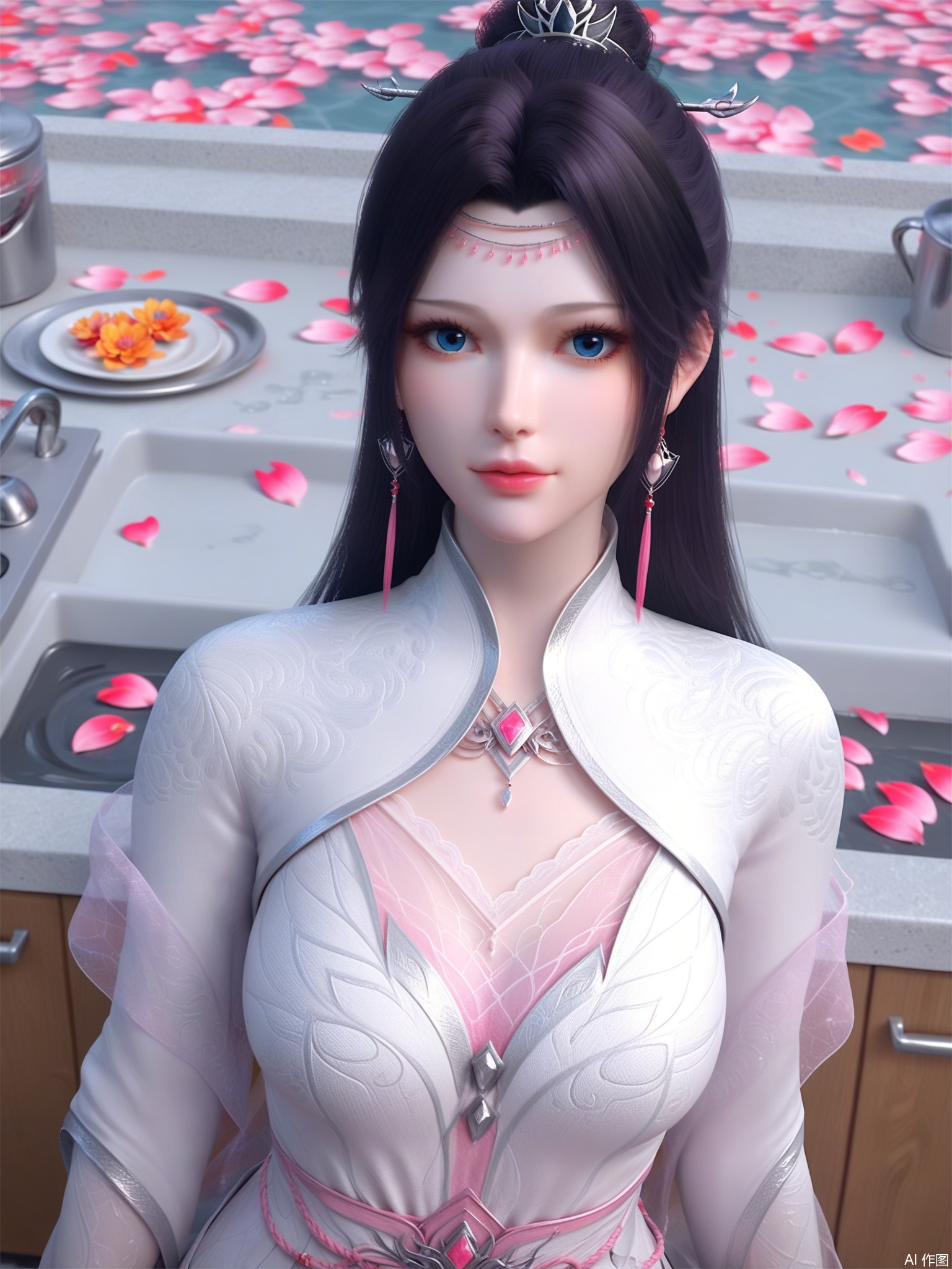 score_9,score_8_up,score_7_up,1girl,looking_at_viewer,realistic,1girl,Vivid Colors,bright environment,delicate water,hair_ornament,shiny skin,shiny hair,reflection,(wariza:1.2),dress,jewelry,flower sea,falling petals,extreme detail description,(full body:0.4),put one hand on your side,long_hair,(skindentation:1.3),Fishnet stockings,bright,sunshine on face,white dress,chinese_clothes,black-hair,kitchen