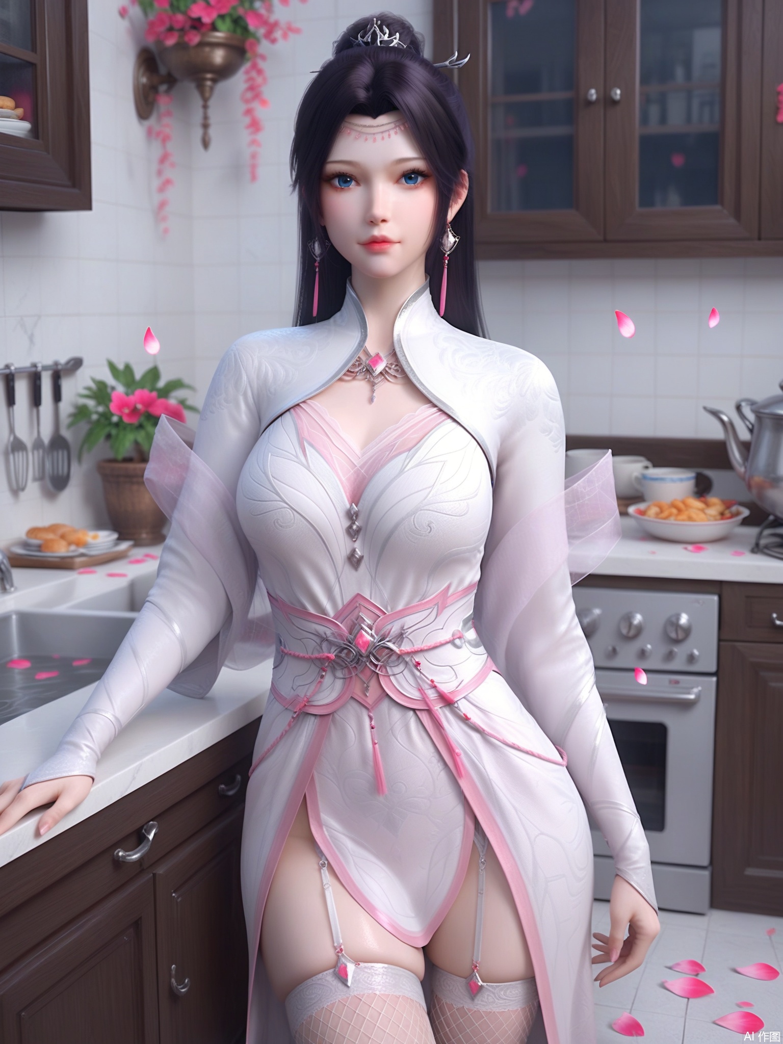 score_9,score_8_up,score_7_up,1girl,looking_at_viewer,realistic,1girl,Vivid Colors,bright environment,delicate water,hair_ornament,shiny skin,shiny hair,reflection,(wariza:1.2),dress,jewelry,flower sea,falling petals,extreme detail description,(full body:0.4),put one hand on your side,long_hair,(skindentation:1.3),Fishnet stockings,bright,sunshine on face,white dress,chinese_clothes,black-hair,kitchen