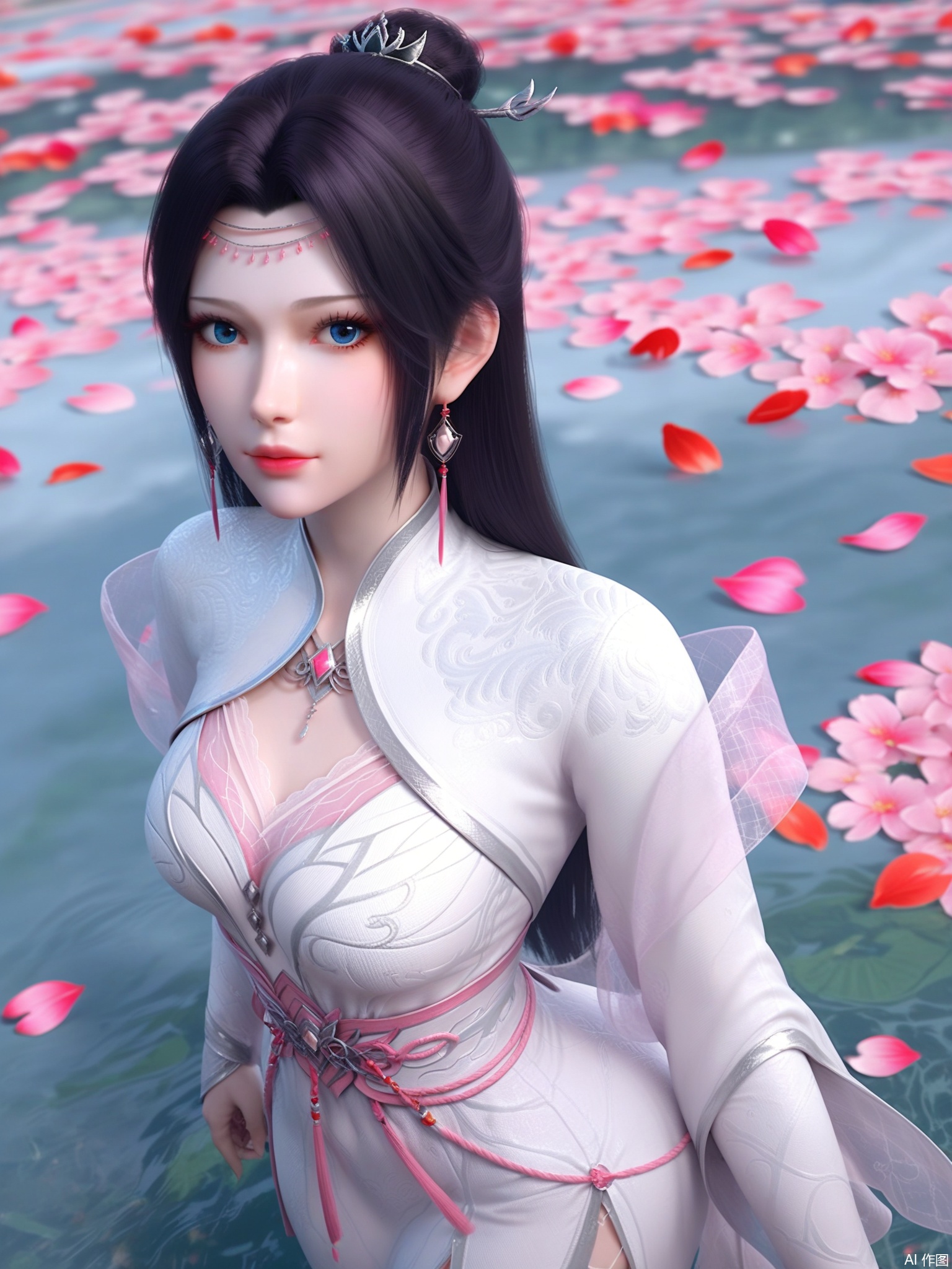 score_9,score_8_up,score_7_up,1girl,looking_at_viewer,realistic,1girl,Vivid Colors,bright environment,delicate water,hair_ornament,shiny skin,shiny hair,reflection,(wariza:1.2),dress,jewelry,flower sea,falling petals,extreme detail description,(full body:0.4),put one hand on your side,long_hair,(skindentation:1.3),Fishnet stockings,bright,sunshine on face,white dress,chinese_clothes,black-hair
