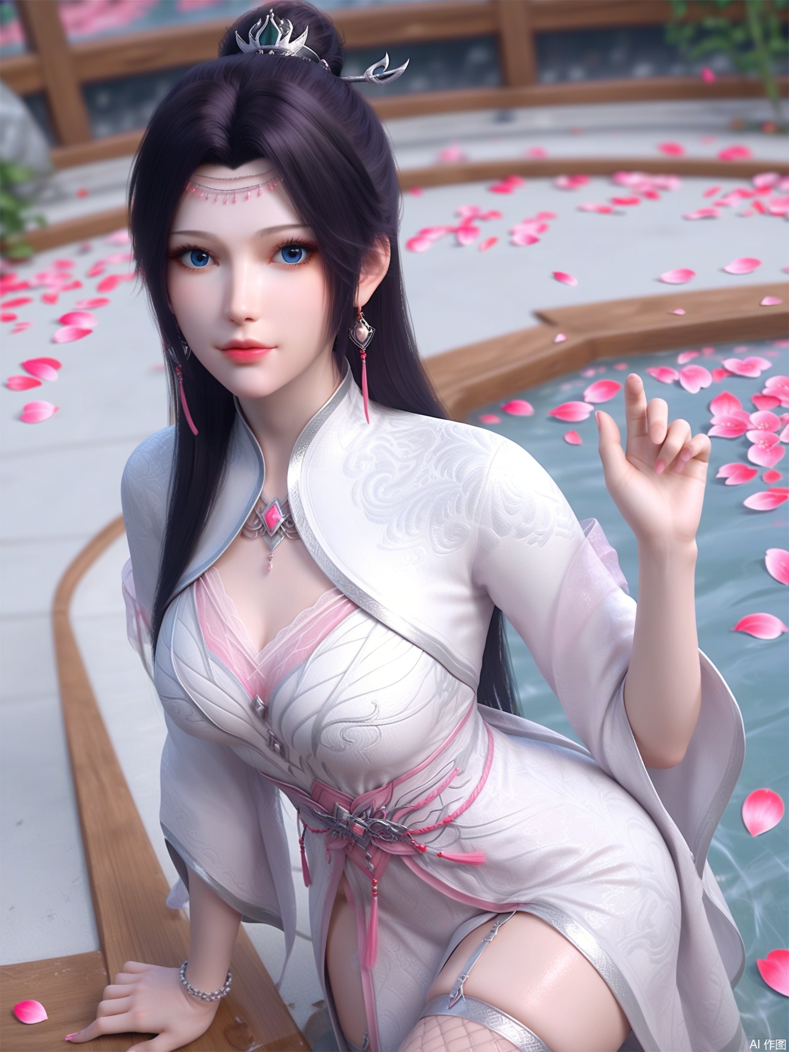 score_9,score_8_up,score_7_up,1girl,looking_at_viewer,realistic,1girl,Vivid Colors,bright environment,delicate water,hair_ornament,shiny skin,shiny hair,reflection,(wariza:1.2),dress,jewelry,flower sea,falling petals,extreme detail description,(full body:0.4),put one hand on your side,long_hair,(skindentation:1.3),Fishnet stockings,bright,sunshine on face,white dress,chinese_clothes,black-hair,kitchen