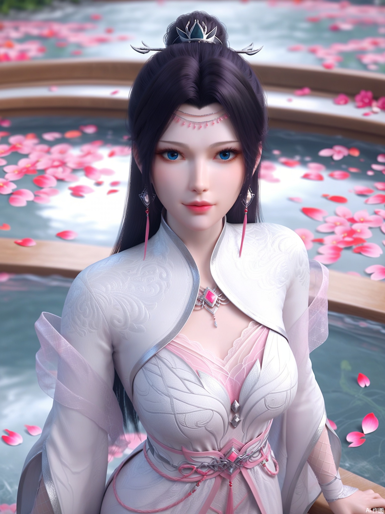 score_9,score_8_up,score_7_up,1girl,looking_at_viewer,realistic,1girl,Vivid Colors,bright environment,delicate water,hair_ornament,shiny skin,shiny hair,reflection,(wariza:1.2),dress,jewelry,flower sea,falling petals,extreme detail description,(full body:0.4),put one hand on your side,long_hair,(skindentation:1.3),Fishnet stockings,bright,sunshine on face,white dress,chinese_clothes,black-hair,kitchen