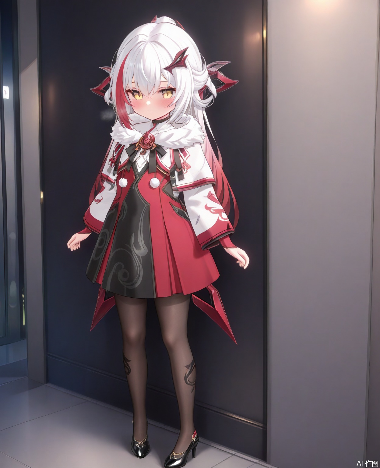 masterpiece,high quality,best quality,1loli,solo,bangs,dress,hair between eyes,closed mouth,yellow eyes,white hair,pantyhose,multicolored hair,gradient hair,black footwear,high heels,streaked hair,black pantyhose,fur trim,capelet,arms at sides,jly