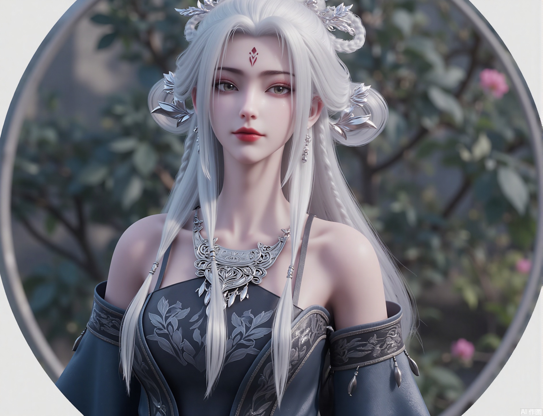 zichu-miaojiang-xiaobai,"The picture describes a woman with rich details and unique style, with long, flowing white hair, dotted with delicate silver ornaments. She has amber eyes and slightly red lips. A small geometric tattoo can be seen on her forehead.
She wore gorgeous metal jewelry, including a delicate necklace and earrings, and dressed in dark ornate clothing, decorated with floral patterns and metal decorations, presenting a noble and mysterious temperature."
She stood in a scene with a circular background and plant pattern, with an elegant posture and the overall picture exuded a gentle temperament.