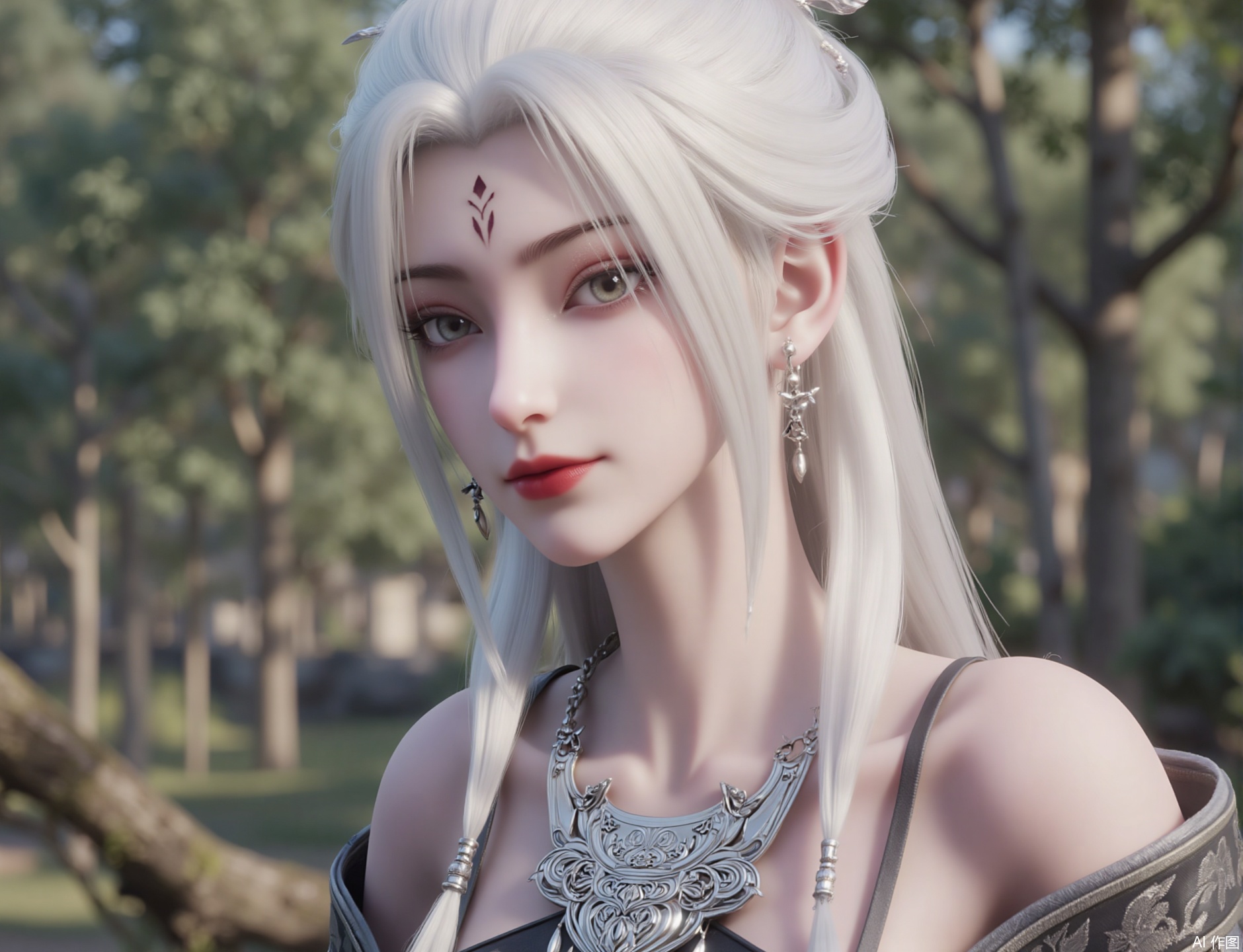 zichu-miaojiang-xiaobai,1girl, solo, long hair, blue eyes, upper body, white hair, lips,Outdoor, forest, depth of field, blurred background